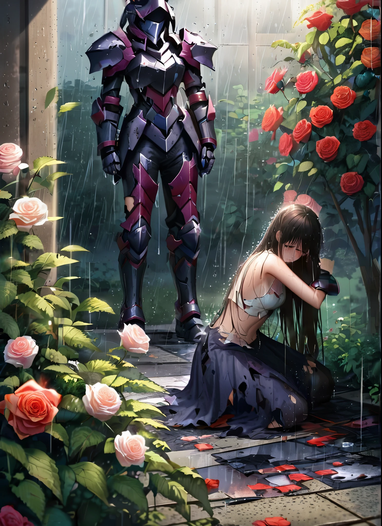 three girls, kneeling in the floor, wearing a ultra shattered and ultra broken cute skimpy dark armor, lot of missing pieces, very damaged armor ,ripped clothes, broken helmet ,broken shield and broken sword, in tears, sad, dramatic scene, tears flowing in the face, garden, roses, rain, ultra detailed face
