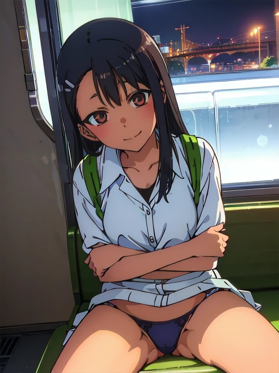 (1) Sitting alone on a long seat in a train,Sit with your legs apart,Showing white panties, Composition from the front,Low - Angle,
(2) I&#39;m a high school student., She is wearing a uniform consisting of a miniskirt, sailor suit and loose socks.,
(3) I have medium length brown hair,
(4) The expression is provocative and smirking.,
(5) The location is a long seat on the Yamanote Line at night.,There are no other customers,The view outside the window is the night view of the city