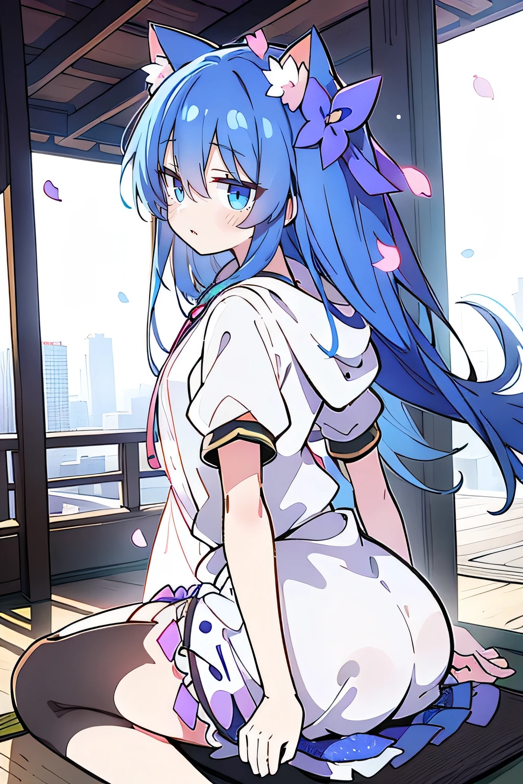（masterpiece：1.2），Super detailed，lifelike，Expressive eyes，fair skin，perfect face shape，1 girl，
Japanese comics,Gorgeous blue hair,flowing blue hair,flowing clothes,Cat ears,Petals fall,beautiful lola,Baby Angel,
Shaking head with one hand，Cross your legs，Gentle and peaceful background，The pavilion is cool and comfortable,smile, wearing hoodie, background of tokyo,back views,snowing, winter.