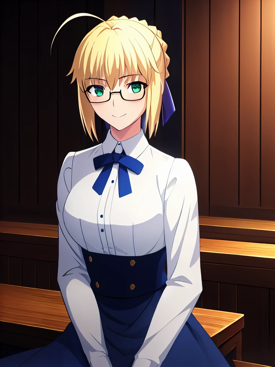 best quality, masterpiece, highres, ray_tracing_graphic, solo, adult_female, {saber_fatestaynightufotable:1.15}, blonde_hair, little_ahoge, green_eyes, blue_ribbon, 1girl, anime_coloring, upper_body, kuudere_face, little_smile, glasses, five_fingers, blush, large_breasts, shirt, blue_skirt, from_the_front, sit, dark_room, night_time, looking_at_viewer