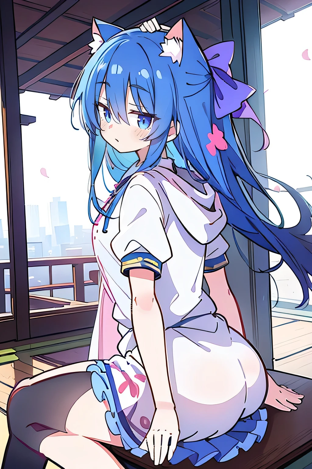 (masterpiece:1.2),Super detailed,lifelike,Expressive eyes,fair skin,perfect face shape,1 girl,
Japanese comics,Gorgeous blue hair,flowing blue hair,flowing clothes,Cat ears,Petals fall,beautiful lola,Baby Angel,
Shaking head with one hand,Cross your legs,Gentle and peaceful background,The pavilion is cool and comfortable,smile, wearing hoodie, background of tokyo,back views,snowing, winter.