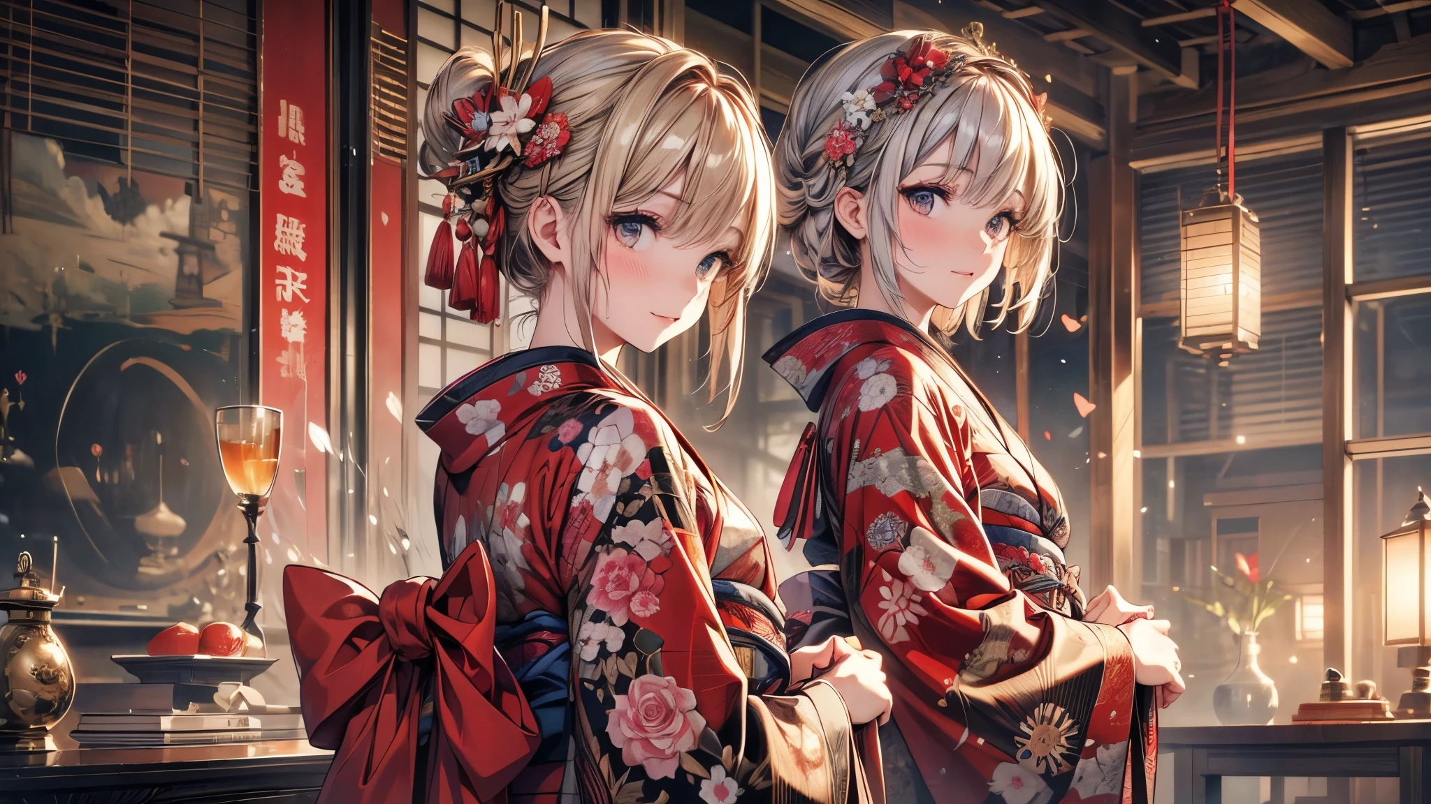 kimono, Heart, (8k, original photo, best quality, masterpiece: 1.2), (Practical: 1.6), (masterpiece), (best quality: 1.0), (Ultra-high resolution: 1.0), detail, 1940s, one, detail beautiful skin, detail room, ,Practical skin