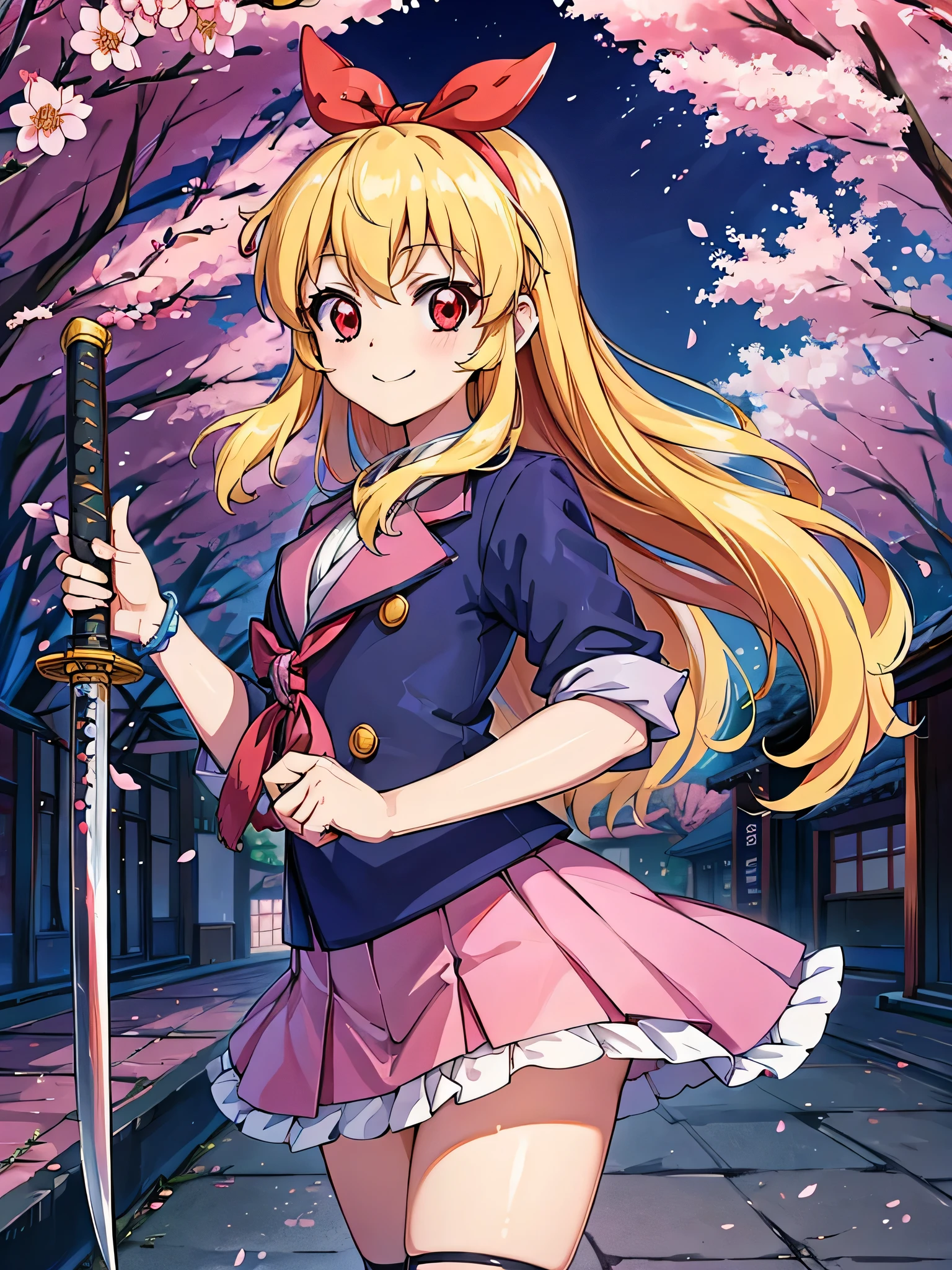 absurdres, absolutely resolution, incredibly absurdres, highres, ultra detailed, official art, unity 8k wallpaper,
BREAK
1 girl, soro, long hair, blonde hair, bow, kimono blazer, kimono skirt, over black legwear,, doyagao, smile, red eyes, kimono, cherry blossom print,
BREAK
holding weapon, holding katana, (katana:1.2), fighting stance, cowboy shot,
BREAK
(cyberpunk:1.1), cyber city, neon city, cyber street, japanese night, cherry blossoms, sakura fubuki, Ichigo Hoshimiya (Aikatsu!)