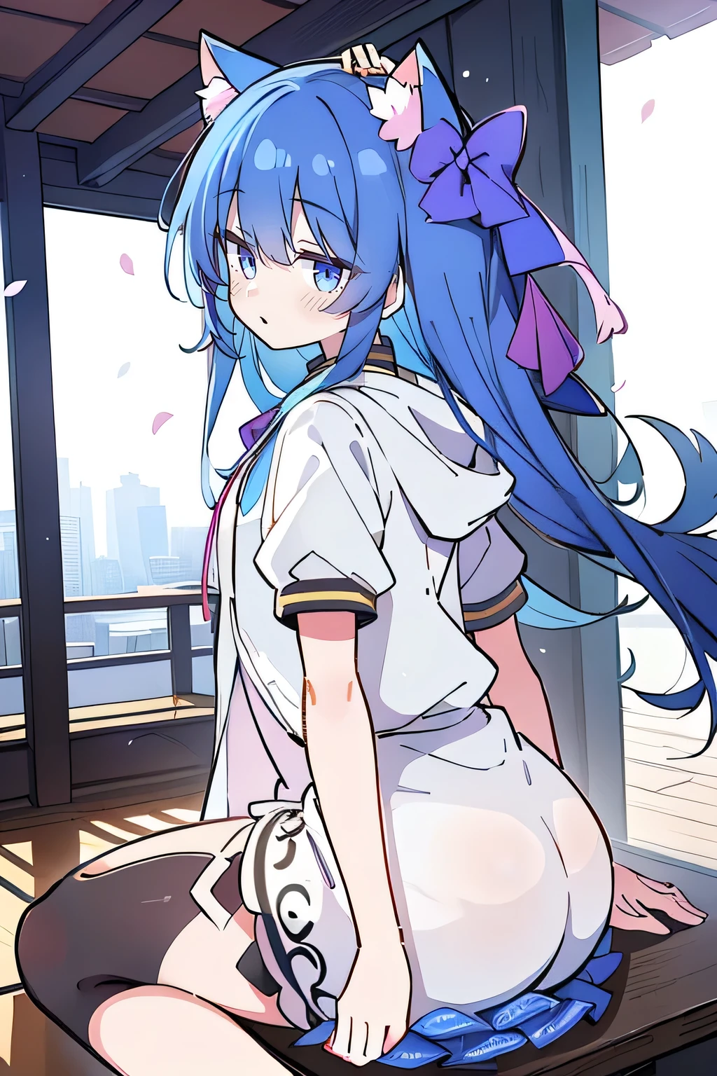 (masterpiece:1.2),Super detailed,lifelike,Expressive eyes,fair skin,perfect face shape,1 girl,
Japanese comics,Gorgeous blue hair,flowing blue hair,flowing clothes,Cat ears,Petals fall,beautiful lola,Baby Angel,
Shaking head with one hand,Cross your legs,Gentle and peaceful background,The pavilion is cool and comfortable,smile, wearing hoodie, background of tokyo,back views,snowing, winter.