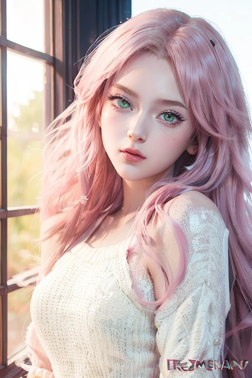 young woman, short shoulder-length pink hair, wide forehead, porcelain skin, pink eyebrows, big emerald green eyes, buttoned nose, full lips, heart-shaped face, slender body, small breasts, red tank top, Sakura Haruno , realistic, realism, details, 3d, well detailed