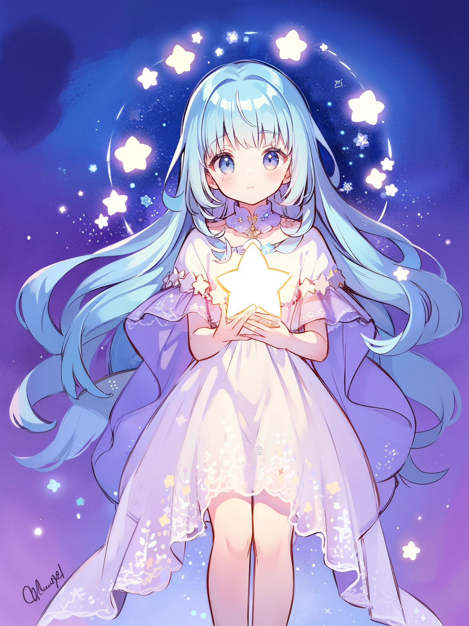 wishing stars, girl wearing an ethereal translucent dress made of stars, magical, fantasy, whimsical, complex drawing, highly detailed, ethereal, starry night, midjourney style