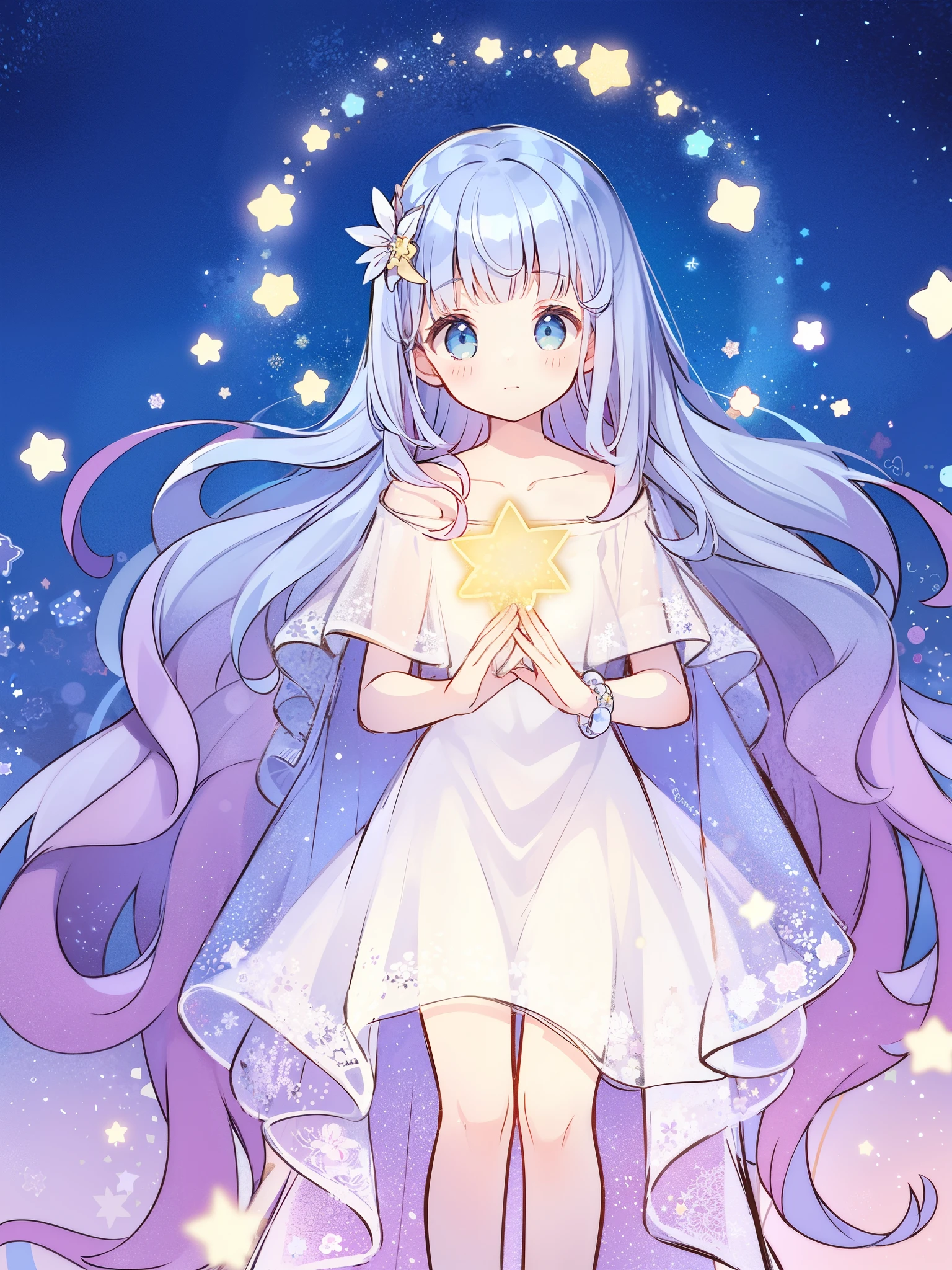 wishing stars, girl wearing an ethereal translucent dress made of stars, magical, fantasy, whimsical, complex drawing, highly detailed, ethereal, starry night, midjourney style