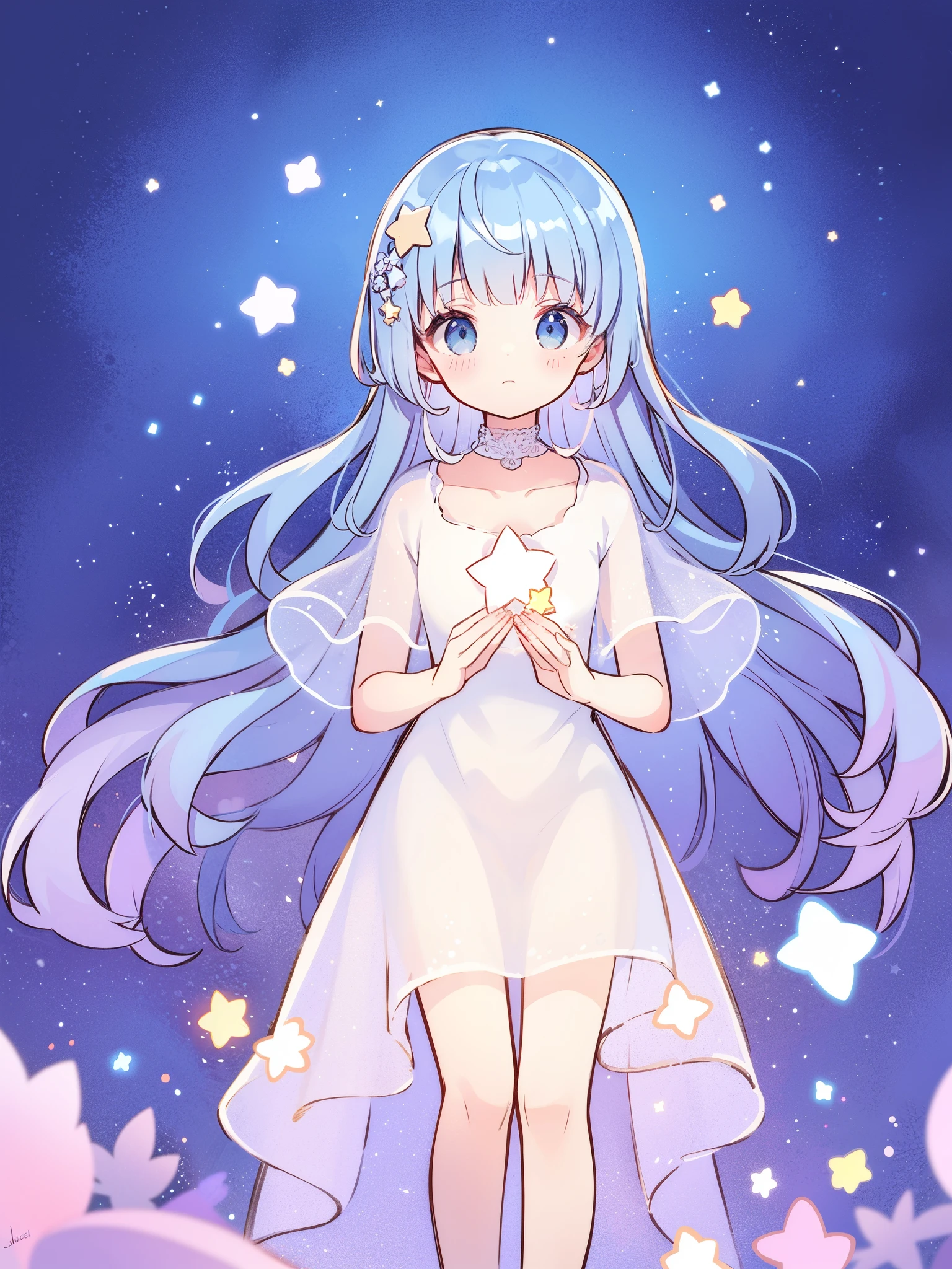 wishing stars, girl wearing an ethereal translucent dress made of stars, magical, fantasy, whimsical, complex drawing, highly detailed, ethereal, starry night, midjourney style
