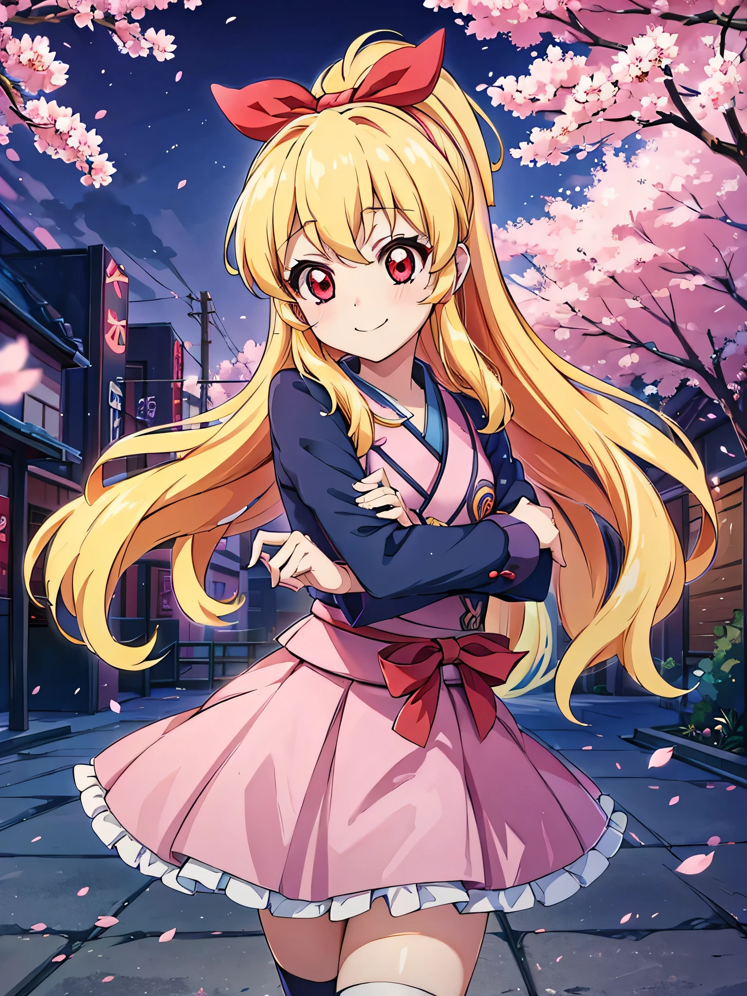 absurdres, absolutely resolution, incredibly absurdres, highres, ultra detailed, official art, unity 8k wallpaper,
BREAK
1 girl, soro, long hair, blonde hair, bow, kimono blazer, kimono skirt, over black legwear,, doyagao, smile, red eyes, kimono, cherry blossom print,
BREAK
holding weapon, holding katana, (katana:1.2), fighting stance, cowboy shot,
BREAK
(cyberpunk:1.1), cyber city, neon city, cyber street, japanese night, cherry blossoms, sakura fubuki, Ichigo Hoshimiya (Aikatsu!)