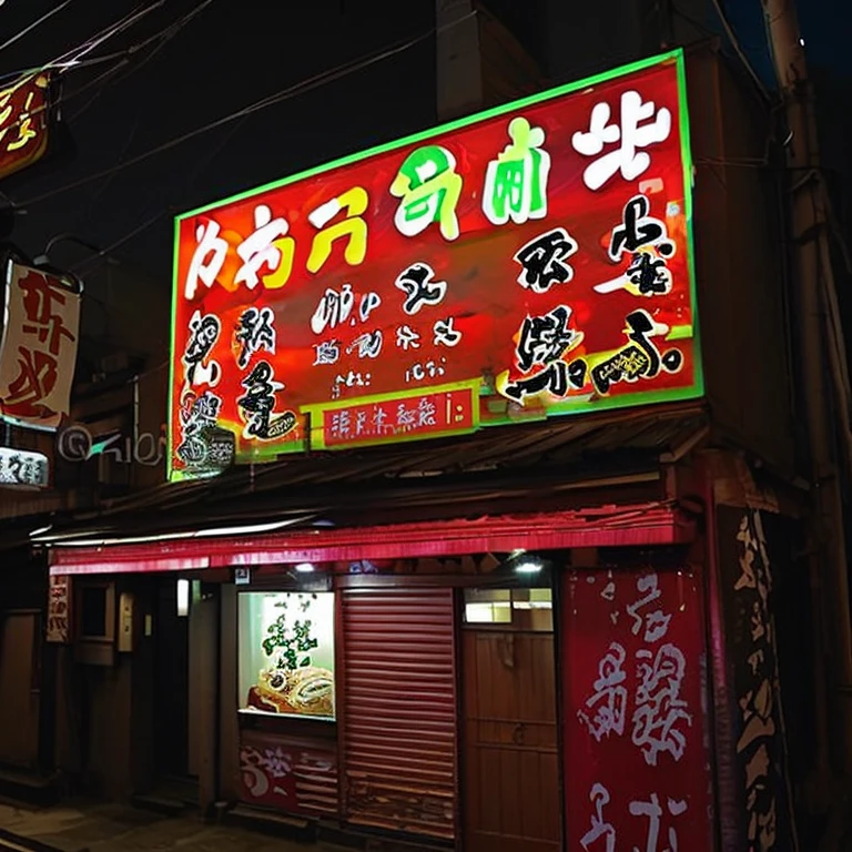 夜の場末の身や街にひっそりとある日本のアダルトshopの明るく照らされた看板, An old Japanese one-story rundown store, Shady Night Realism, Some have signboards, Shadyness, Spooky Nighttime,  tokyo, inspired by Shunbaisai Hokuei, A photo of a Japanese back alley in the 1970s, Akihabara Cafe in Japan, One-storey、「Adult Toys」shop, 