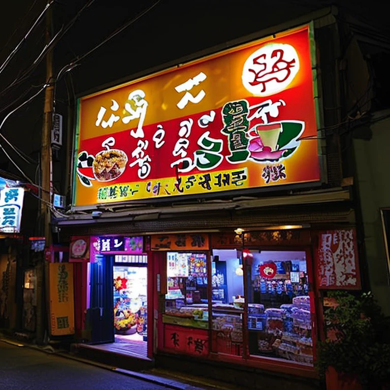 夜の場末の身や街にひっそりとある日本のアダルトshopの明るく照らされた看板, An old Japanese one-story rundown store, Shady Night Realism, Some have signboards, Shadyness, Spooky Nighttime,  tokyo, inspired by Shunbaisai Hokuei, A photo of a Japanese back alley in the 1970s, Akihabara Cafe in Japan, One-storey、「Adult Toys」shop, 