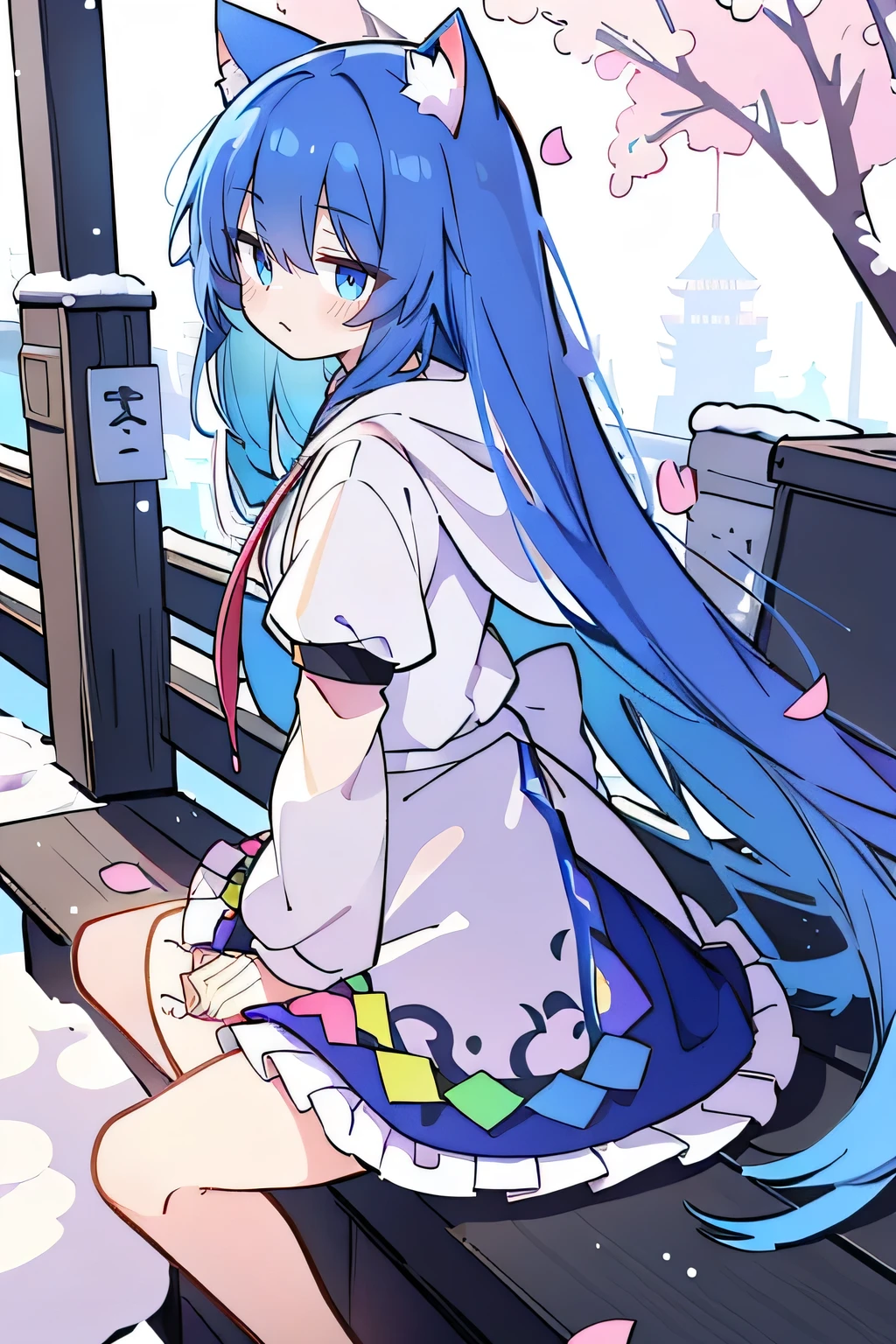 (masterpiece:1.2),Super detailed,lifelike,Expressive eyes,fair skin,perfect face shape,1 girl,
Japanese comics,Gorgeous blue hair,flowing blue hair,flowing clothes,Cat ears,Petals fall,beautiful lola,Baby Angel,
Shaking head with one hand,Cross your legs,Gentle and peaceful background,The pavilion is cool and comfortable,smile, wearing hoodie, background of tokyo,back views,snowing, winter.