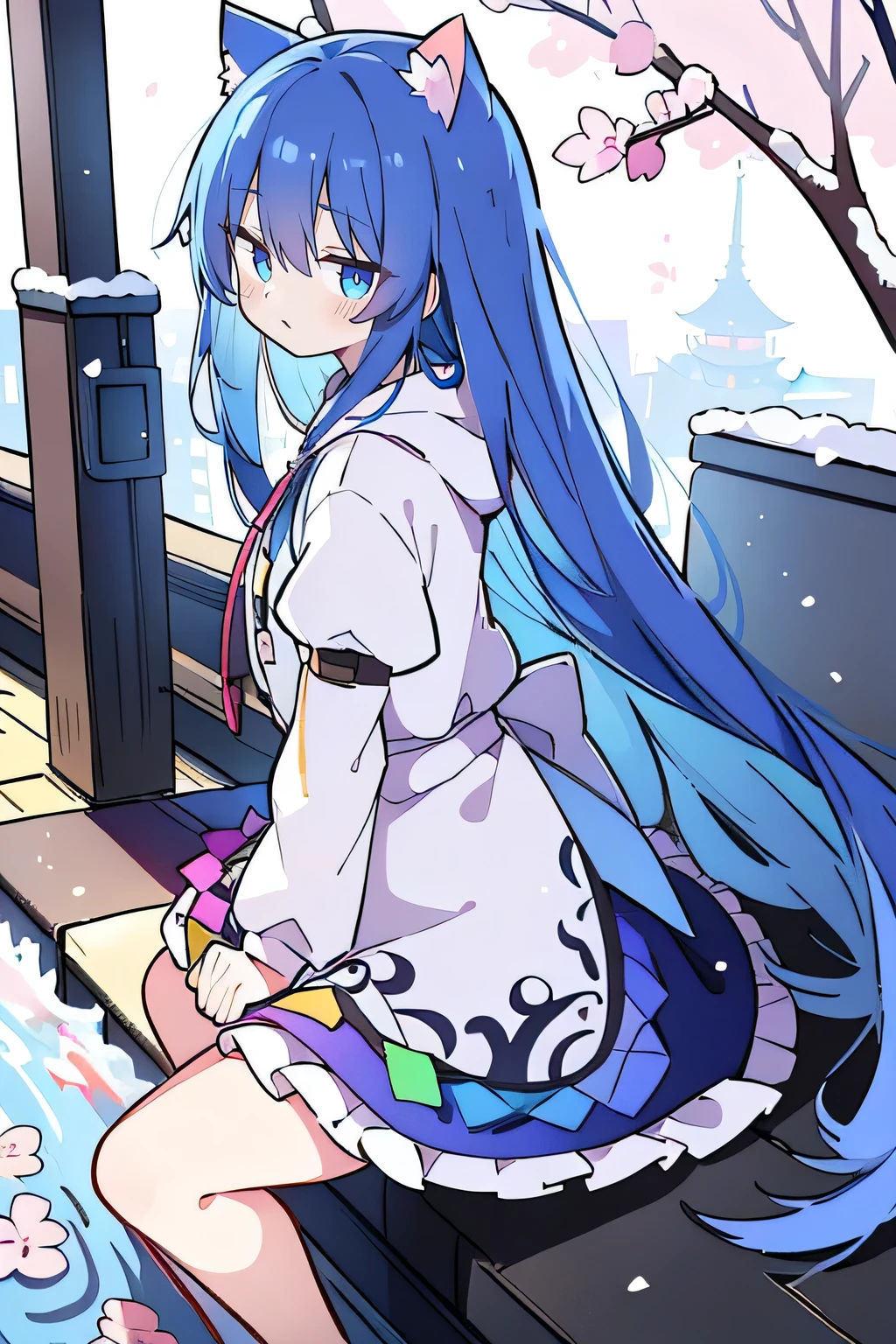 （masterpiece：1.2），Super detailed，lifelike，Expressive eyes，fair skin，perfect face shape，1 girl，
Japanese comics,Gorgeous blue hair,flowing blue hair,flowing clothes,Cat ears,Petals fall,beautiful lola,Baby Angel,
Shaking head with one hand，Cross your legs，Gentle and peaceful background，The pavilion is cool and comfortable,smile, wearing hoodie, background of tokyo,back views,snowing, winter.