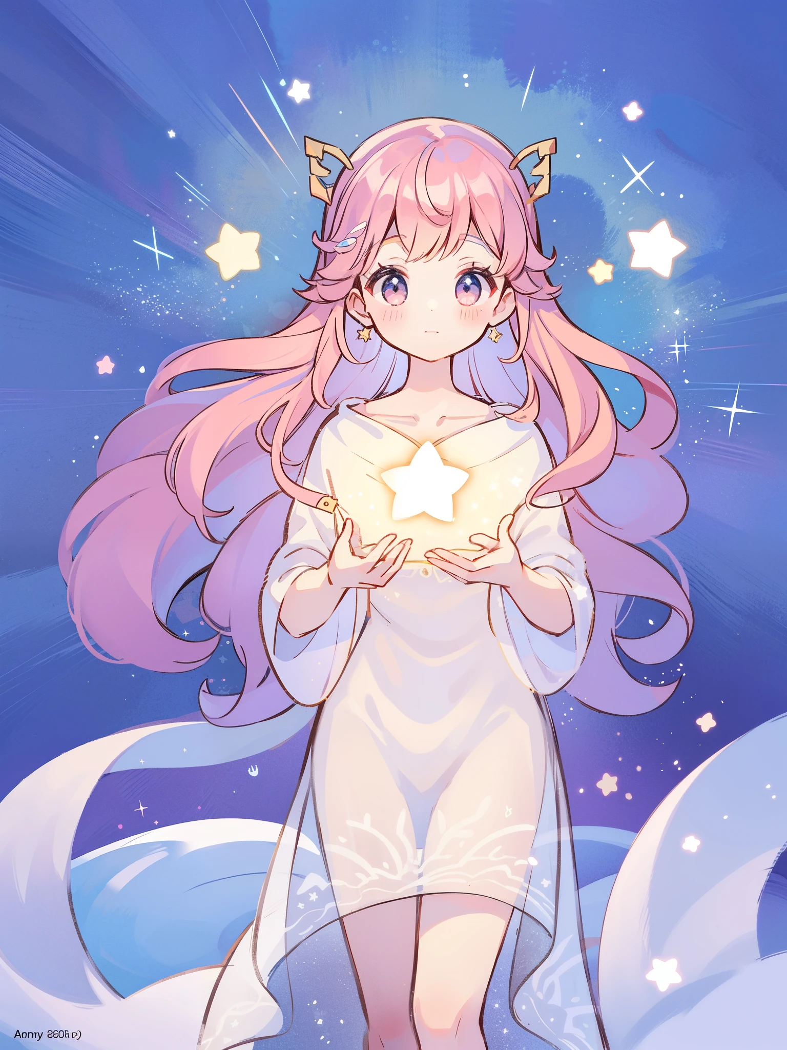 complex background, wishing star background, a woman wearing an ethereal mystical pink translucent dress that reflects the stars, perfume promo art, mystic, complex drawing, highly detailed, Covergirl brand, promo art, artistic rendition, ethereal, starry night, midjourney style