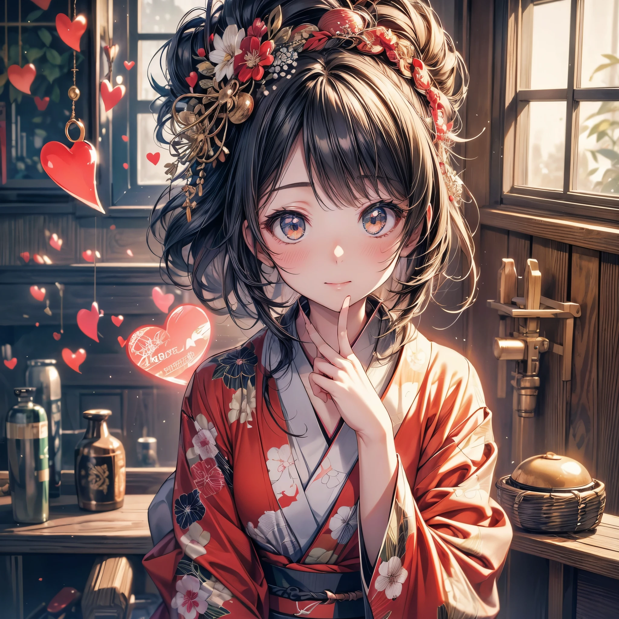 kimono, Heart, (8k, original photo, best quality, masterpiece: 1.2), (Practical: 1.6), (masterpiece), (best quality: 1.0), (Ultra-high resolution: 1.0), detail, 1940s, one, detail beautiful skin, detail room, ,Practical skin