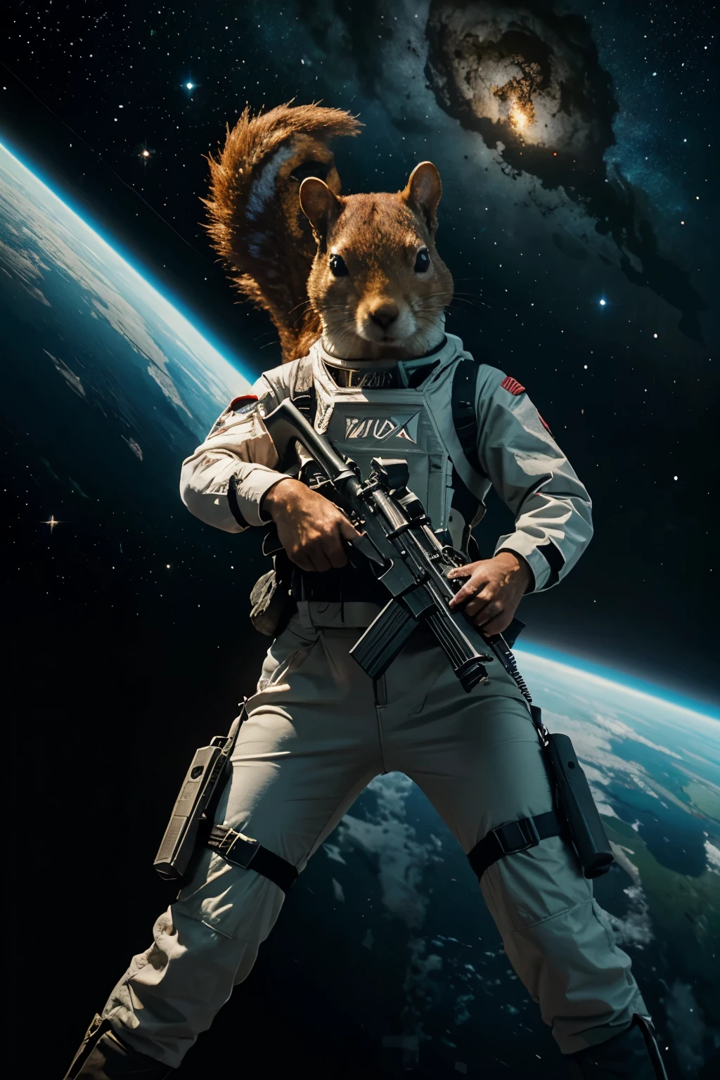 Squirrel victory pose holding a machine gun in a futuristic space