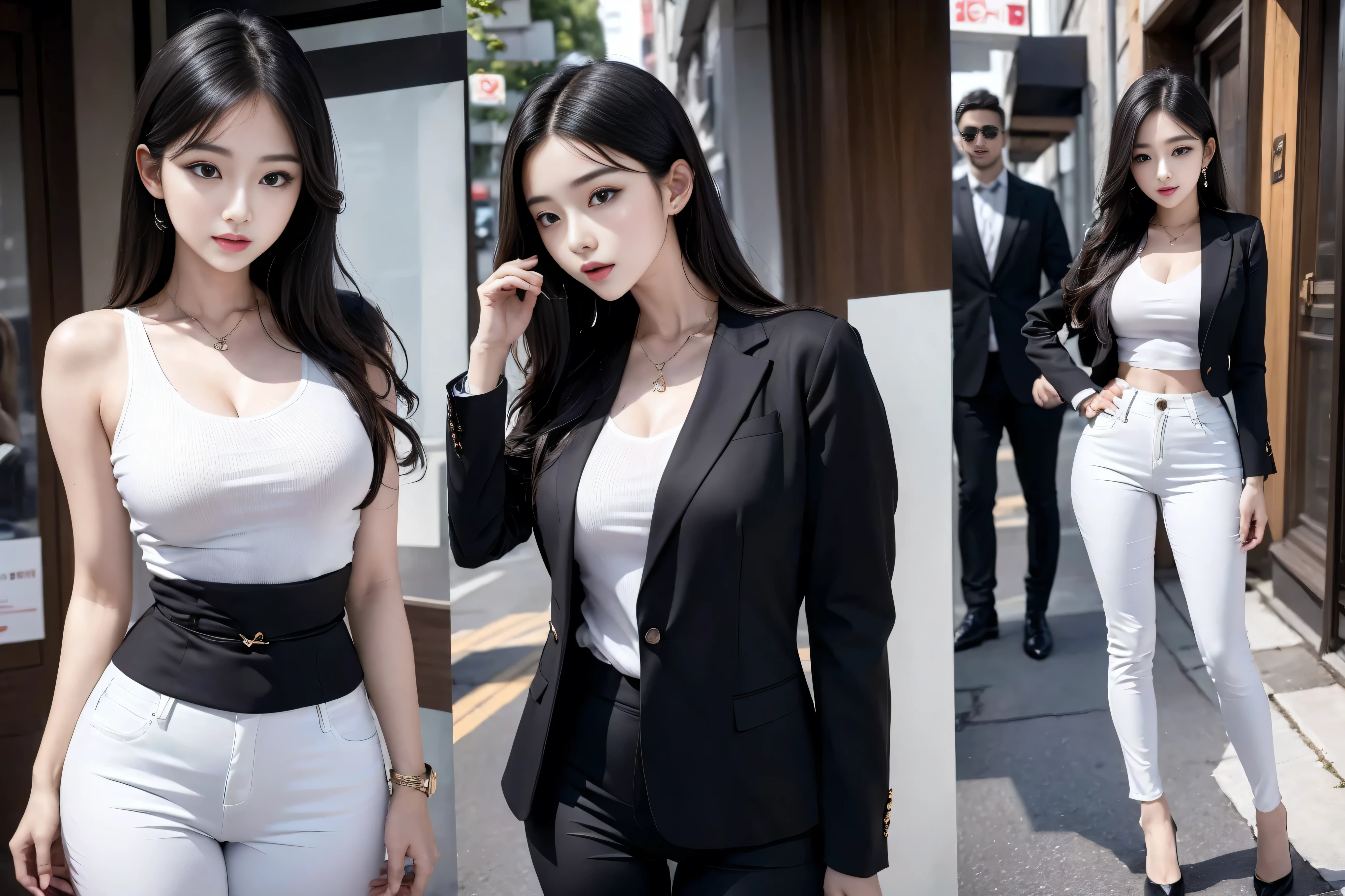 （8k，Highest Quality，masterpiece，practical，Super detailed：1.3），（1 girl，Beautiful Korean girl, Korean pop idol），（Black suit jacket：1.2），（White skinny trousers：1.1），（Serious expression：1.2）discuss，（speech，Handheld Microphone：1.2）（crowd，audience：1.3），Sexy long legs， （Thigh gap：1.5），Wide hips，S-Shaped Body， Hips lifted，，black hair，（Ass Focus：1.1）Shot from behind