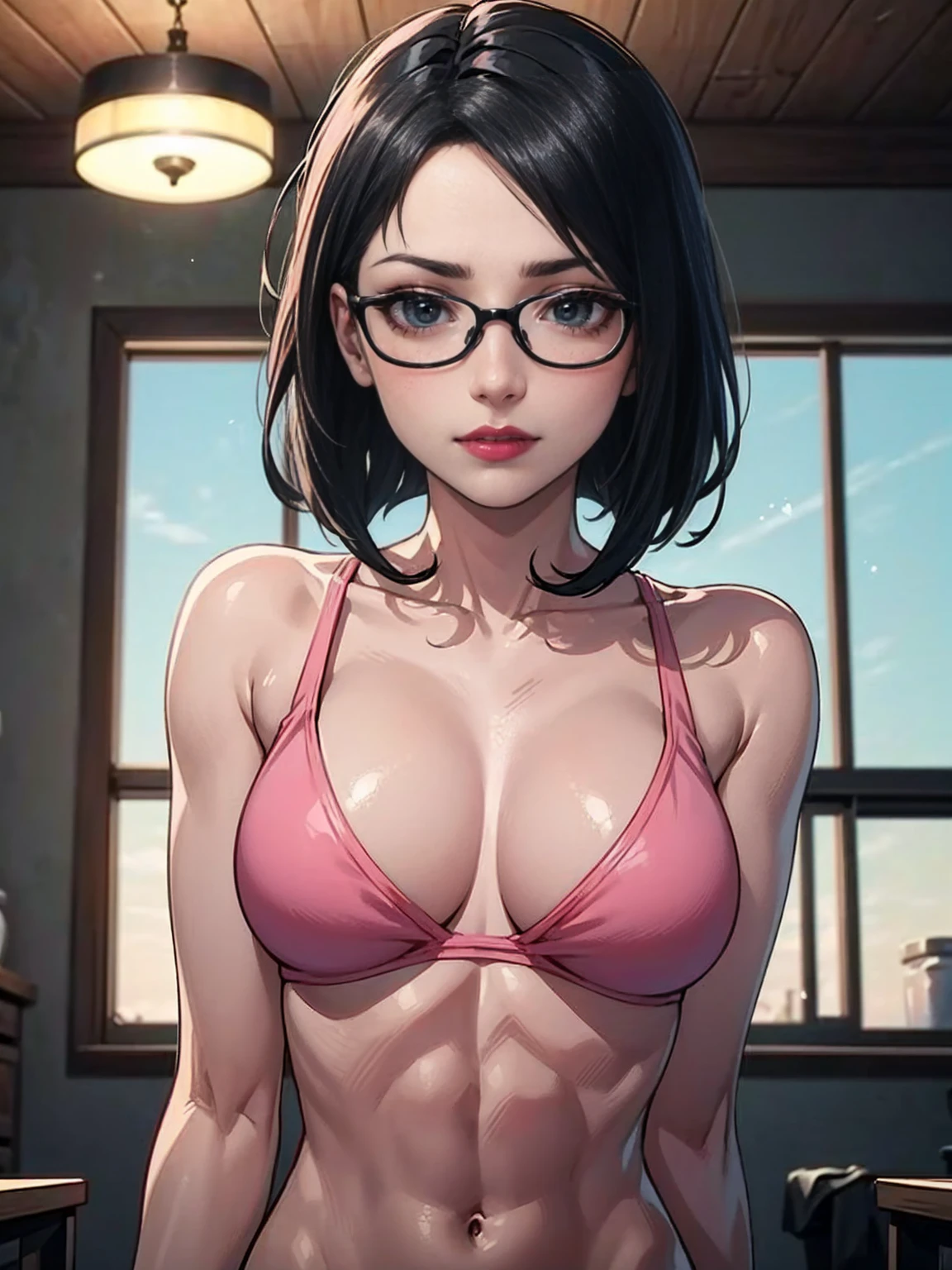 (1girl, Alone, alone), (WakatsukiRisa, Sarada uchiha, black hair, short hair, Black eyes, red glasses), ((Alone, (1woman,pink lipstick, Black eyes), extremely detailed , Soft ambient lighting, 4K, perfect eyes, a perfect face, Perfect Lighting, the 1 girl)), ((fitness, , shapely body, athletic body, toned body)) , popozuda