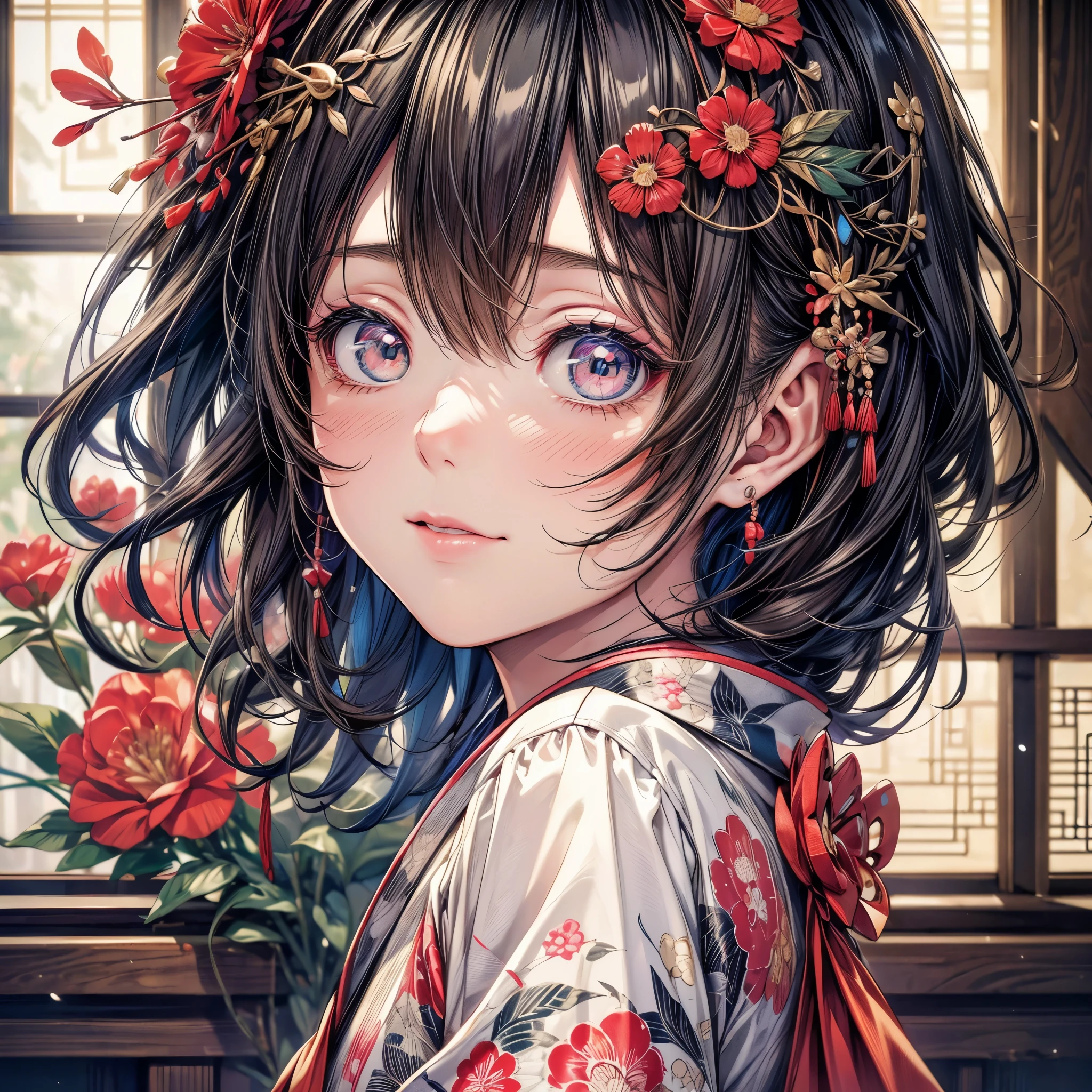 kimono, Heart, (8k, original photo, best quality, masterpiece: 1.2), (Practical: 1.6), (masterpiece), (best quality: 1.0), (Ultra-high resolution: 1.0), detail, 1940s, one, detail beautiful skin, detail room, ,Practical skin