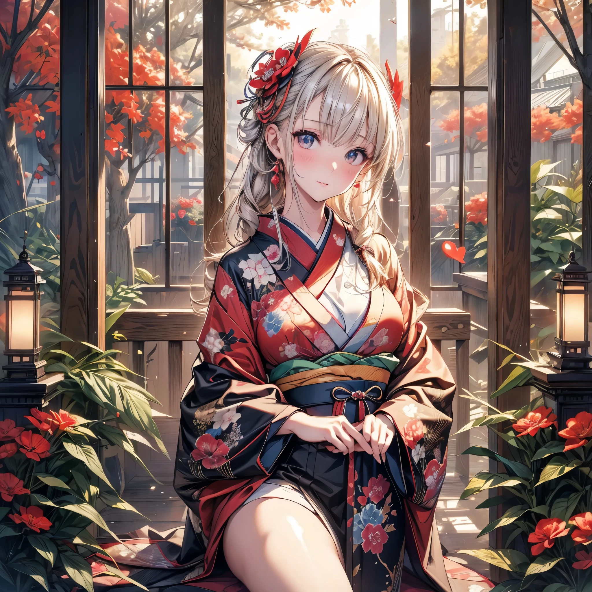 kimono, Heart, (8k, original photo, best quality, masterpiece: 1.2), (Practical: 1.6), (masterpiece), (best quality: 1.0), (Ultra-high resolution: 1.0), detail, 1940s, one, detail beautiful skin, detail room, ,Practical skin