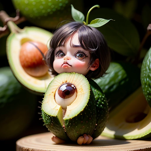 With this image, I wish to represent a small-sized avocado endowed with eyes, eyelashes, and a lip. I want to show that even a mere fruit can command attention.