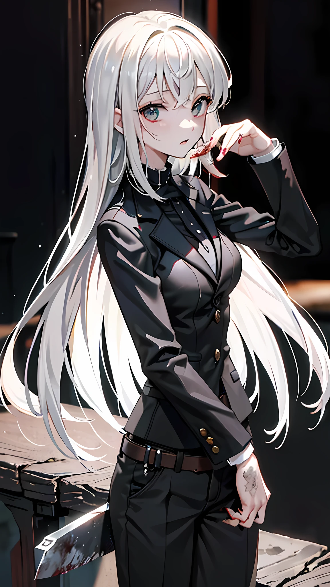 ((best quality)), ((masterpiece)), (detailed), perfect facebrandish a knife、cute、Mine girl、Black suit or jacket、 tattoo、Clean、Blood、