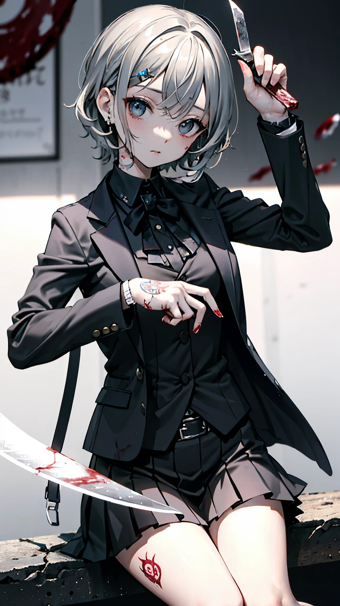 ((best quality)), ((masterpiece)), (detailed), perfect facebrandish a knife、cute、Mine girl、Black suit or jacket、 tattoo、Clean、Blood、