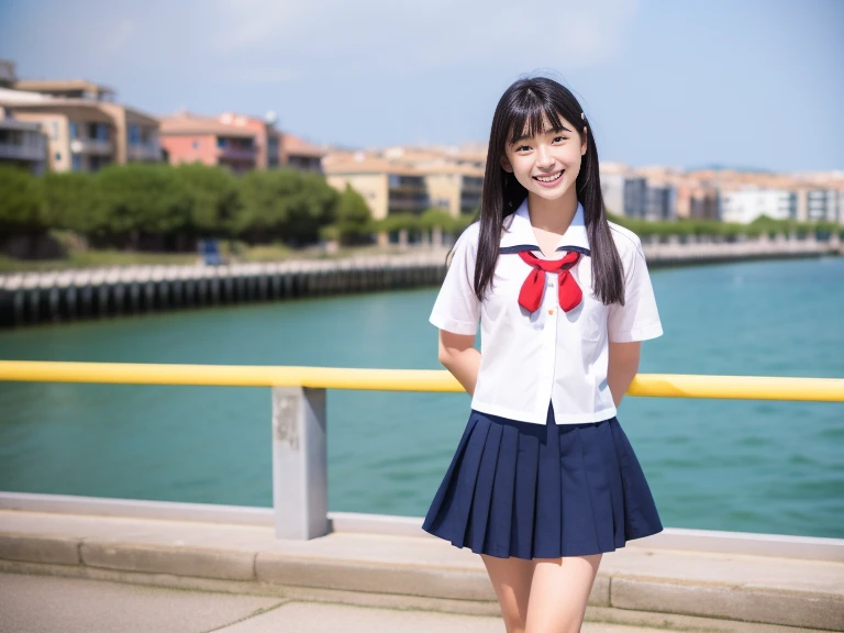 Beautiful 18 year old Japanese  　Smiling and idol-like face　Smiling and showing his teeth with a peace sign　Color Black Hair　Medium Hair　Magically beautiful eyes　Ultra-dense skin　A kind smile　（school uniform:1.5)　Navy Pleated Skirt　mini skirt　（Walking along the seaside path：1.３）　Summer sun　Clear blue sea　Professional Photographer　Professional Lighting　（whole body：1.5）