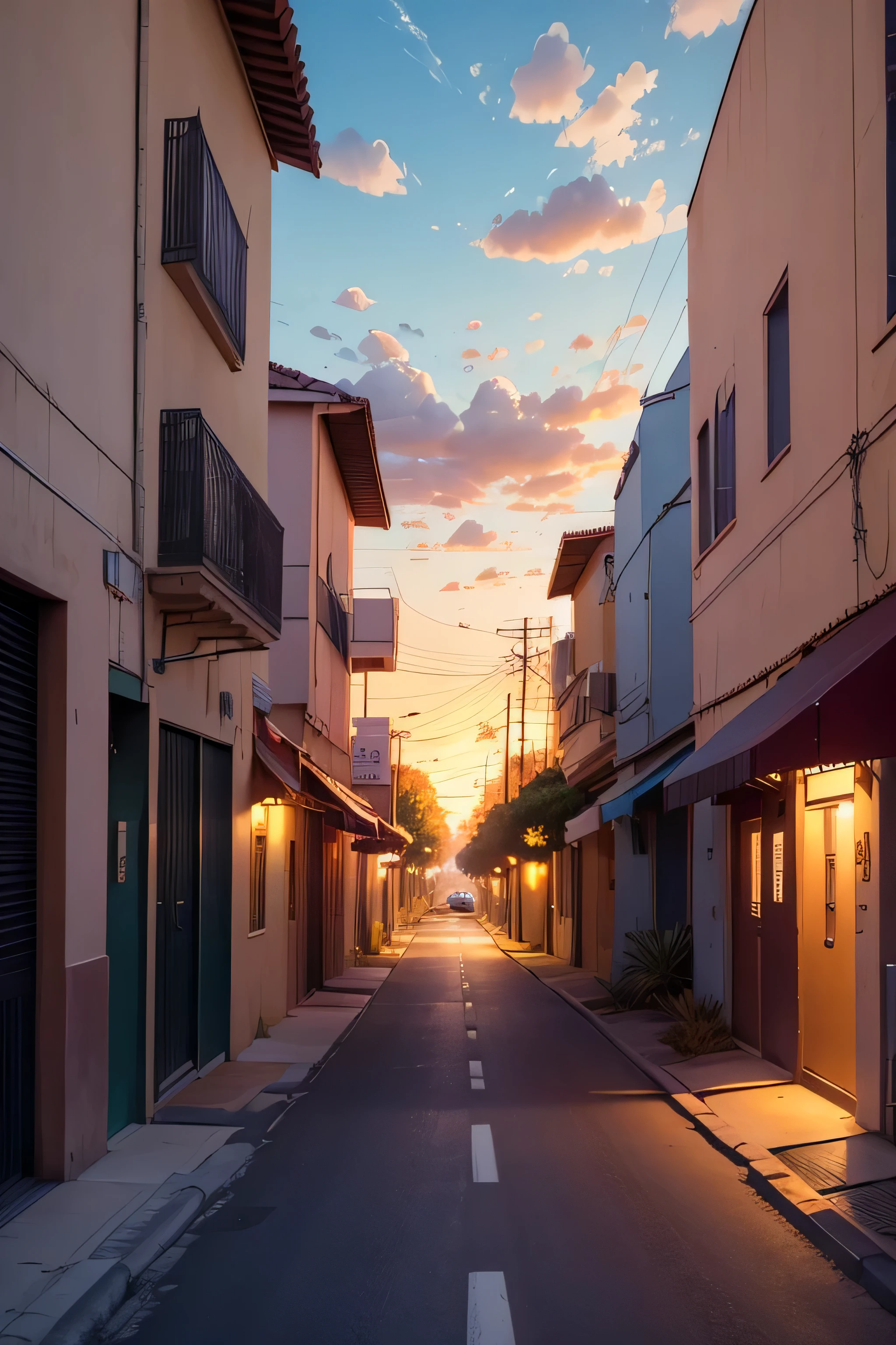 Desert road with nature around, fim de tarde, anoitecendo, rua vazia, anime style, textura anime