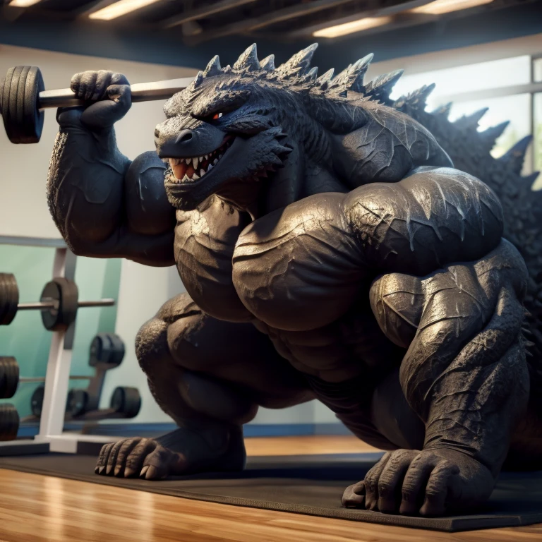 Bodybuilder Godzilla working out in the gym，Smiley Asthma，Big, sweaty body