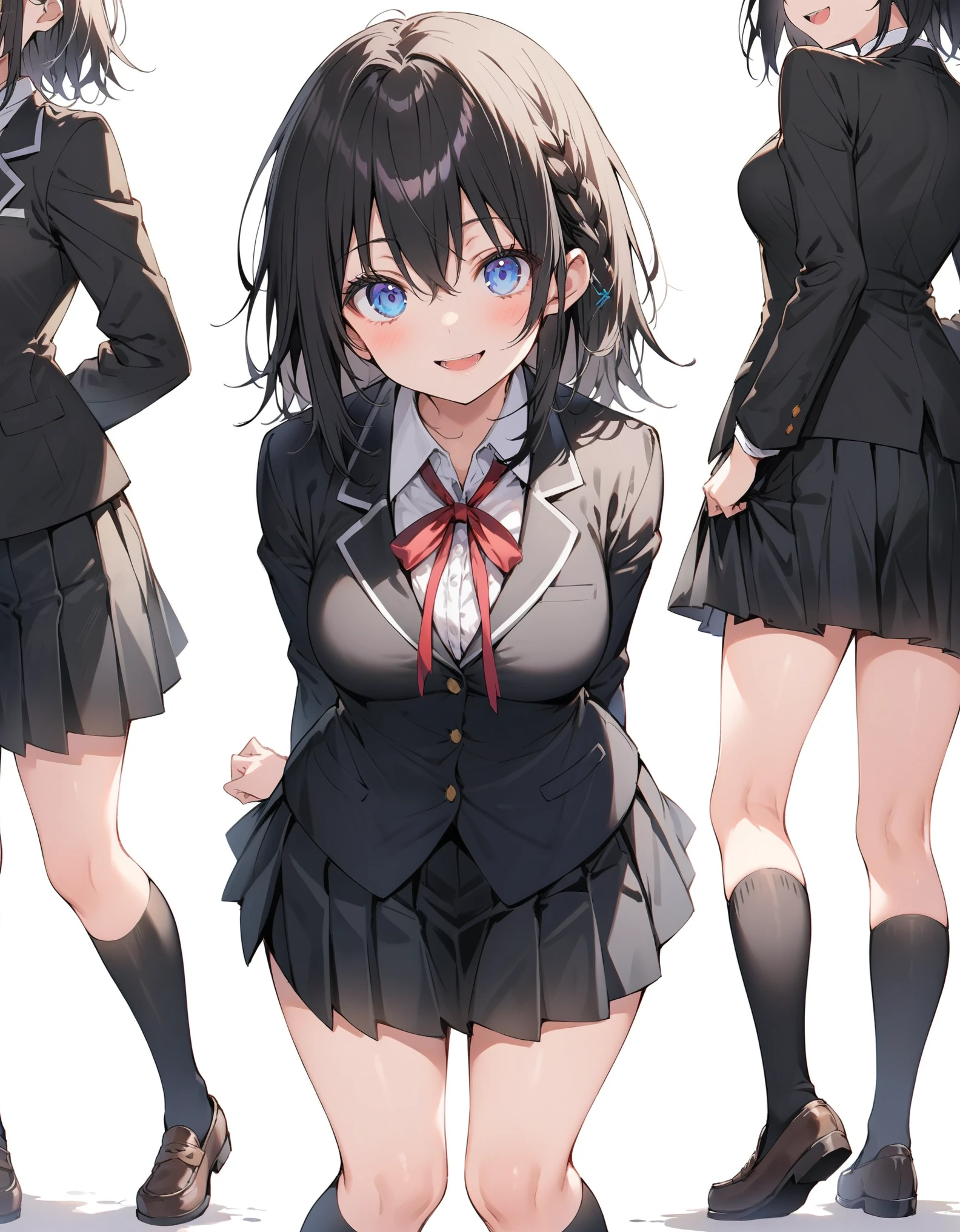 White background、Solid white background、Blank background、just standing girl, One Girl、コミカルなMedaka、Medaka、Ultra-high resolution, highest quality,fish-bone braid hair、Fishbone Hair、black hair、Full body shot,arms behind back、Put your hands behind your back、Hide your hands、busty、beautiful detailed eyes、Black hair × Blue eyes、blue eyes、Open your mouth without showing your teeth、Smile with mouth wide open、 Black long sleeve blazer,Black pleated skirt、Knee-high socks、loafers、