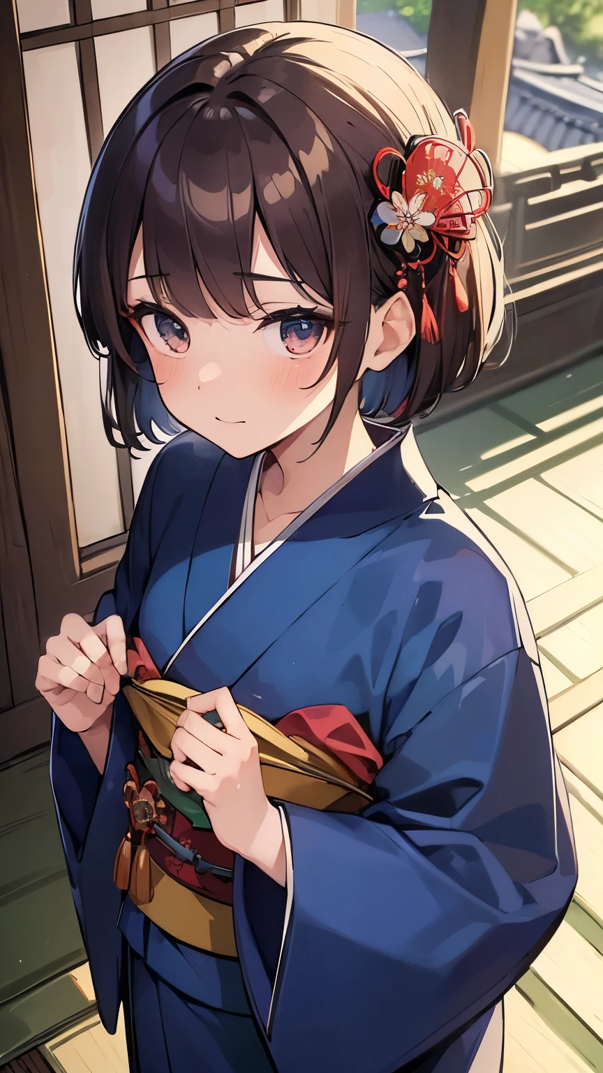 ((Best quality, 8k, Masterpiece: 1.3)), Highly detailed face and skin texture, Detailed eyes, traditional Japanese kimono, blue kimono, long-sleeved kimono, brown hair, short hair, kanzashi, from above, at a shrine in Kyoto