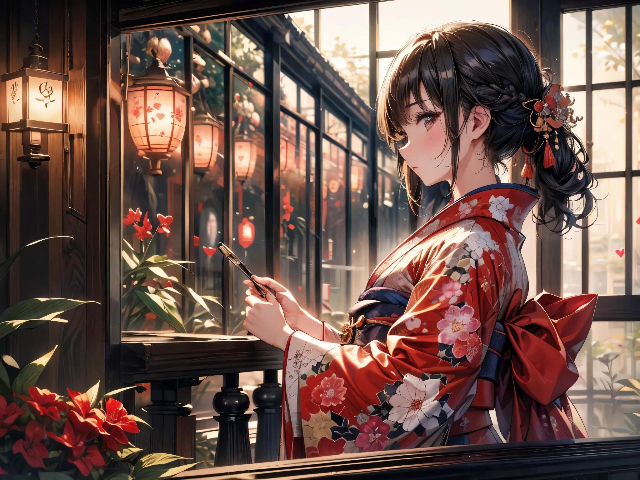 kimono, Heart, (8k, original photo, best quality, masterpiece: 1.2), (Practical: 1.6), (masterpiece), (best quality: 1.0), (Ultra-high resolution: 1.0), detail, 1940s, one, detail beautiful skin, detail room, ,Practical skin