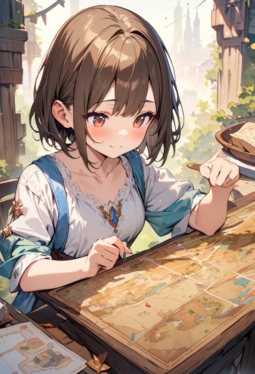 (masterpiece, best quality, highly detailed, absurdres:1.3), (1girl, cute, charming, detailed beautiful face:1.3), shiny brown hair, short hair, mapping, drowning the map, (fantastic illustration, beautiful detail, best quality, top quality, fain touch outline:1.3), watercolor, clear, background fantasy word, beautiful detail, tangle