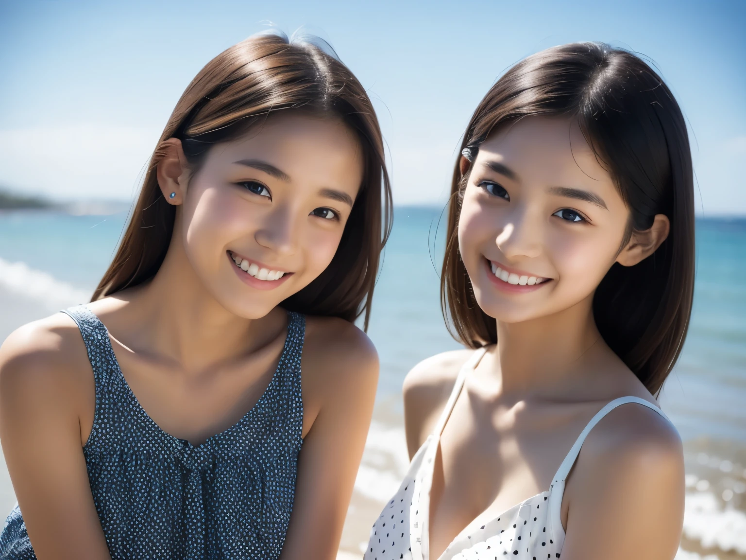 Two Girls,Sisters,My sister is 17 years old,My sister is 14 years old,Big black eyes,Skin details,Hand Detail,Wearing a polka dot dress of a different color,Looking away from the camera,Seaside Background,Natural soft light,Smiling Kindly,Natural body,Dynamic Movement,Ultra-high resolution,1.4x Realism,Ultra-high resolution,UHD Ultra HD