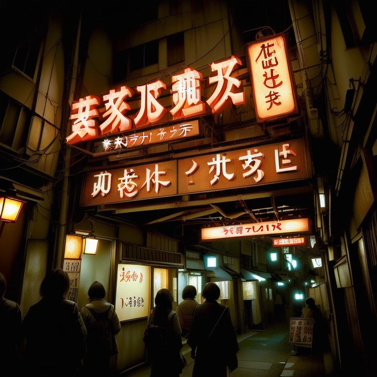 夜の場末飲み屋街にひっそりとある日本のアダルトshopの明るく照らされた看板, An old Japanese one-story rundown store, Shady Night Realism, Some have signboards, Shadyness, Spooky Nighttime,  tokyo, inspired by Shunbaisai Hokuei, A photo of a Japanese back alley in the 1970s, Akihabara Cafe in Japan, One-storey、「Adult Toys」shop, 