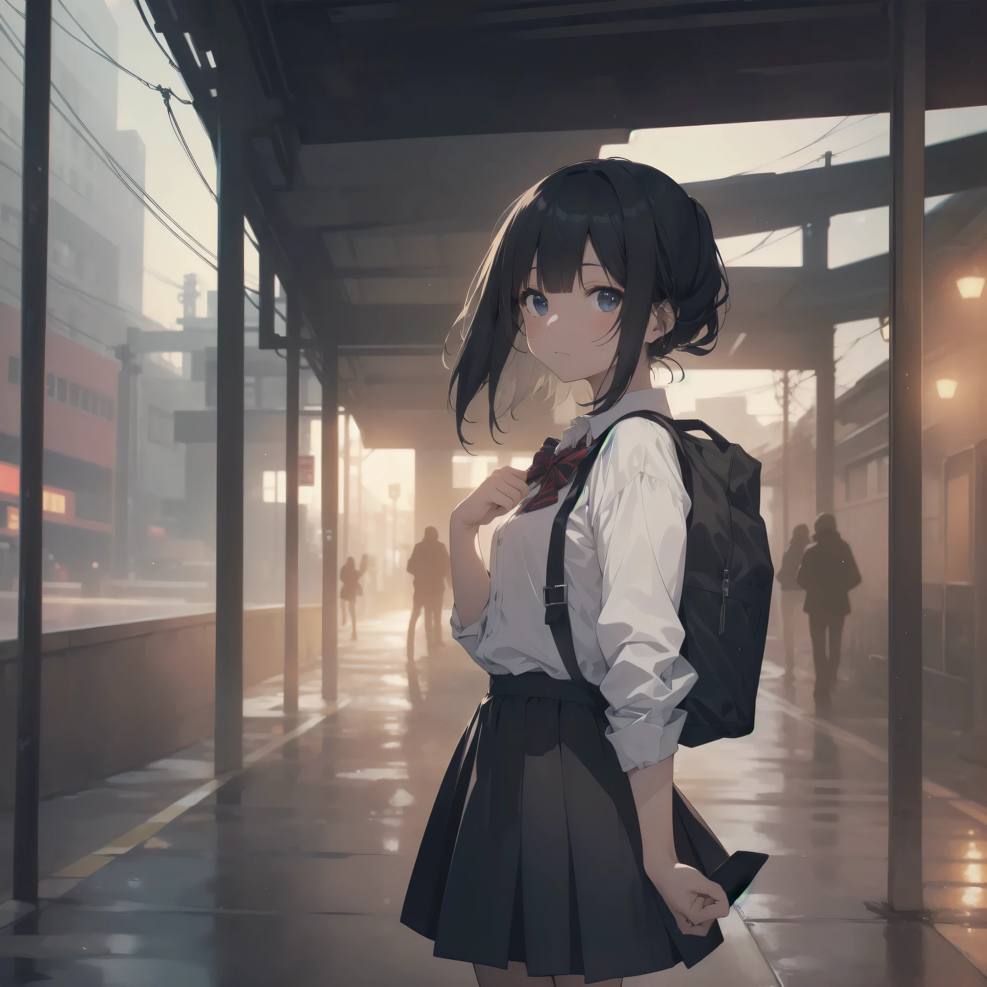 ultra-absurdres-Top quality by artist God, ultra-detailed, high resolution, anime moe artstyle, best anime 8k konachan wallpaper, pixiv contest winner, pool:2810, perfect anatomy,break, 1girl, (Please draw a girl walking sleepily to school alone. )break,(Solo,little female, 13-year-old:1.3),Full limbs, complete fingers,a junior high school student, (very short hair), short cut, flat chest, , small butt, small black eyes, beautiful detailed eyes, well-proportioned iris and pupils, expressive eyes, highres detailed hair, soft expression, school_uniform, bowtie, collared shirt. pleated skirt,(Detailed Lighting), (Detailed background), in the School commute route. break,super detailed skin, Best cinematic lighting powered by famous artist, 8k,beauty illustration,photoshop_(medium),very aesthetic,break,((artist:tianliang_duohe_fangdongye )), artist:bolze ,artist:oyari ashito ,artist:kantoku ,