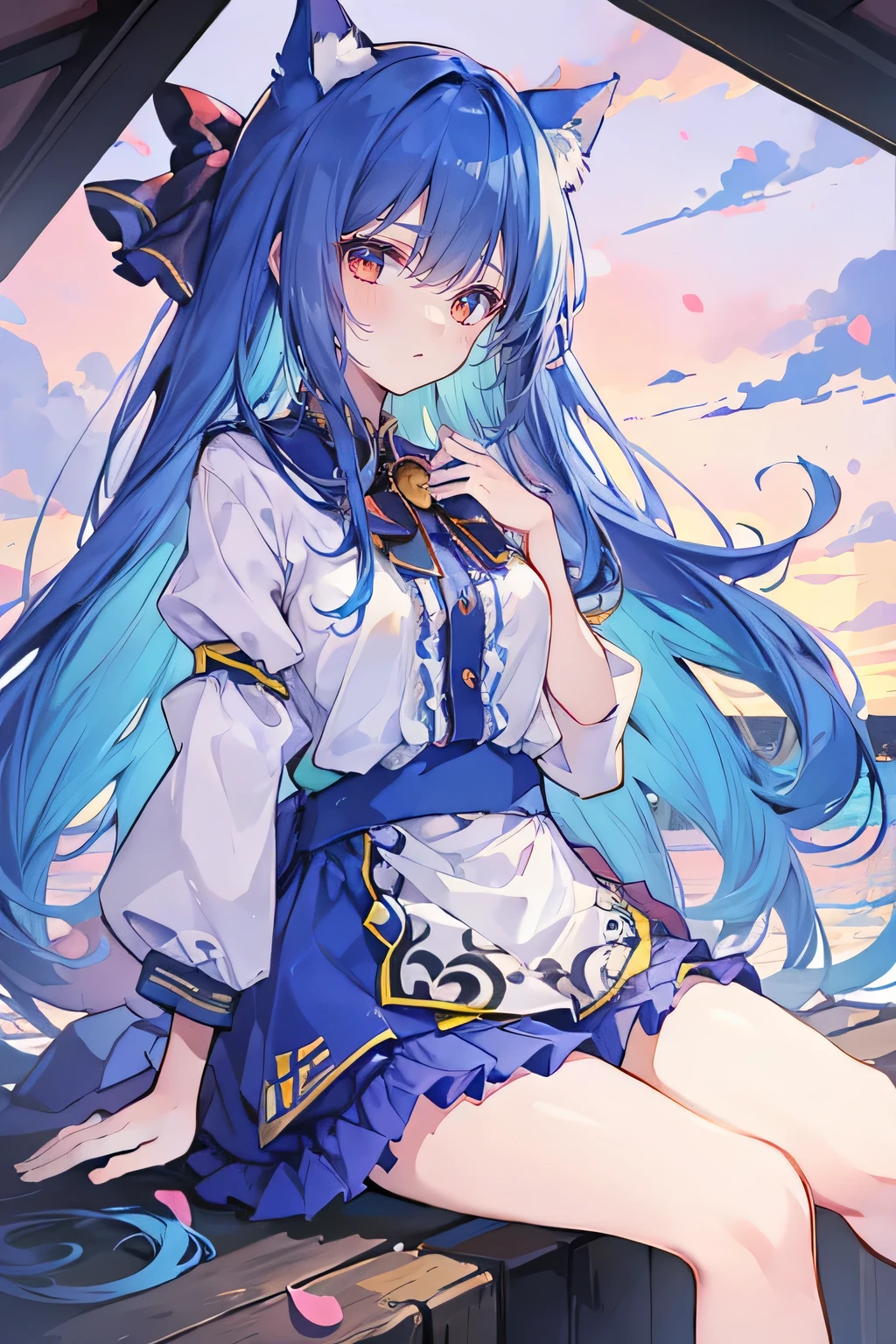 (masterpiece:1.2),Super detailed,Practical,expressive eyes,Fair skin,Perfect face shaping,1 Girl,
Japanese cartoons,Gorgeous blue hair, the long flowing blue hair,Floating clothes,Cat ears,Petals falling,beautiful lola,Young Angel,
Hands on waist,sit elegantly on the ground,Cross your legs,Gentle and peaceful background,Cool and cozy pavilion,Sunset,summer, swimsuit, wet clothes.
