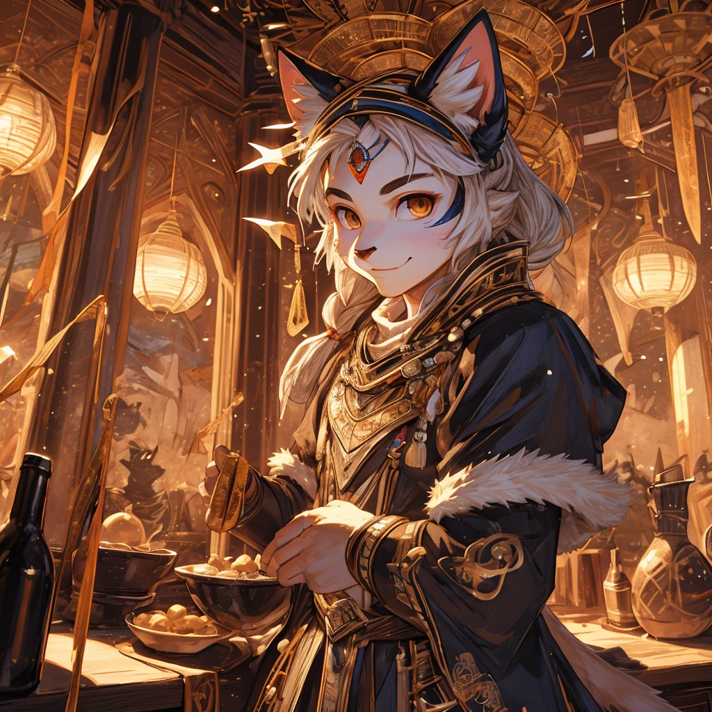 Cat Beastman、（サードアイのgirl）、highest quality、masterpiece、Ultra-high resolution、(Realistic:1.4)、Crisp and beautiful image quality、alone、girl、Forehead gem、Machinery Armor、cat ears girl、Third Eye、A fearless smile