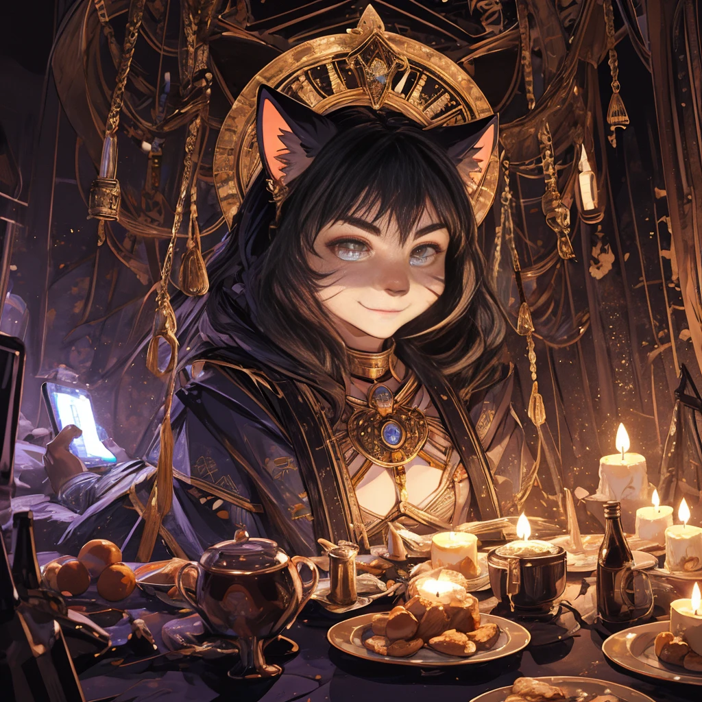 Cat Beastman、(サードアイのgirl)、highest quality、masterpiece、Ultra-high resolution、(Realistic:1.4)、Crisp and beautiful image quality、alone、girl、Forehead gem、Machinery Armor、cat ears girl、Third Eye、A fearless smile