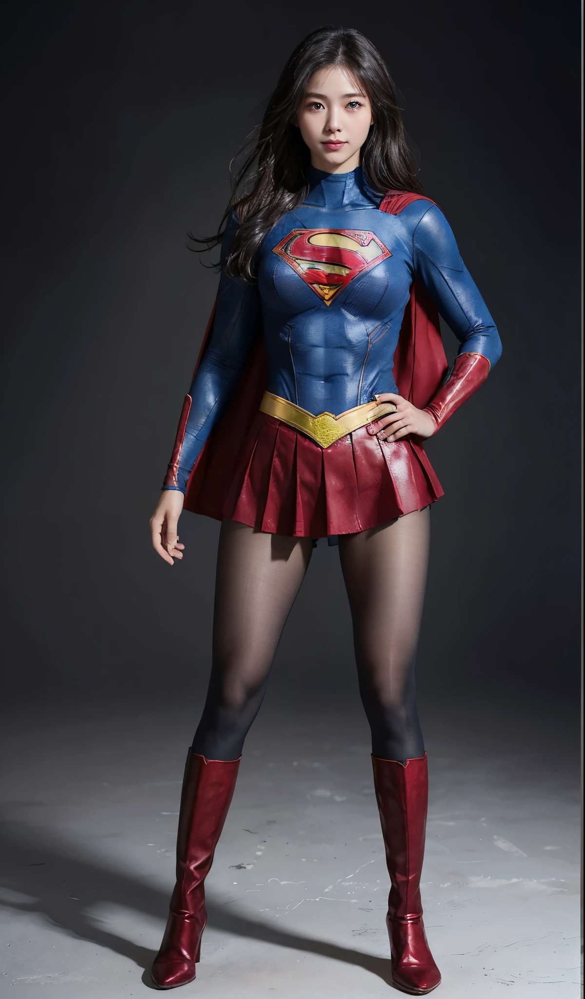 No background、(((Beautiful legs in black tights.)))、(((Legally express the beauty of your smile)))、((((Make the most of your original images)))、(((Supergirl Costume)))、(((Beautiful Hair)))、(((suffering)))、(((Please wear black tights....、Wear red boots)))、((Best image quality、8k))、((highest quality、8k、masterpiece:1.3))、(((Preserve background )))、Sharp focus:1.2、Beautiful woman with perfect figure:1.4、Slim Abs:1.2、Wet body:1.5、Highly detailed face and skin texture、8k