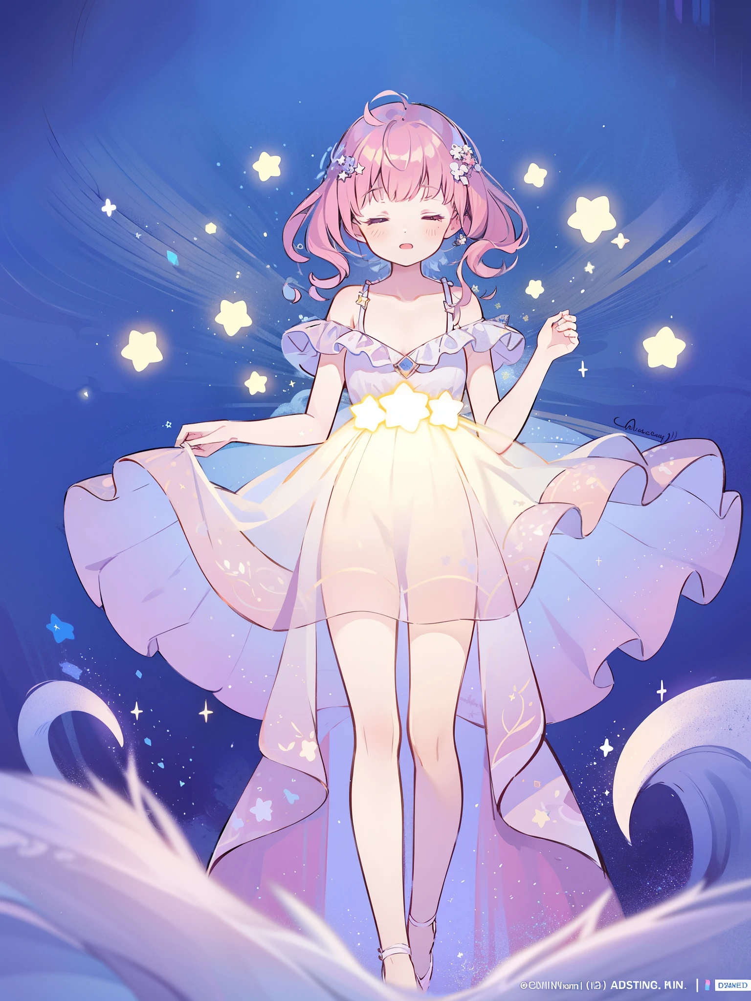 complex background, wishing star background, a woman wearing an ethereal mystical pink translucent dress that reflects the stars, perfume promo art, mystic, complex drawing, highly detailed, Covergirl brand, promo art, artistic rendition, ethereal, starry night, midjourney style