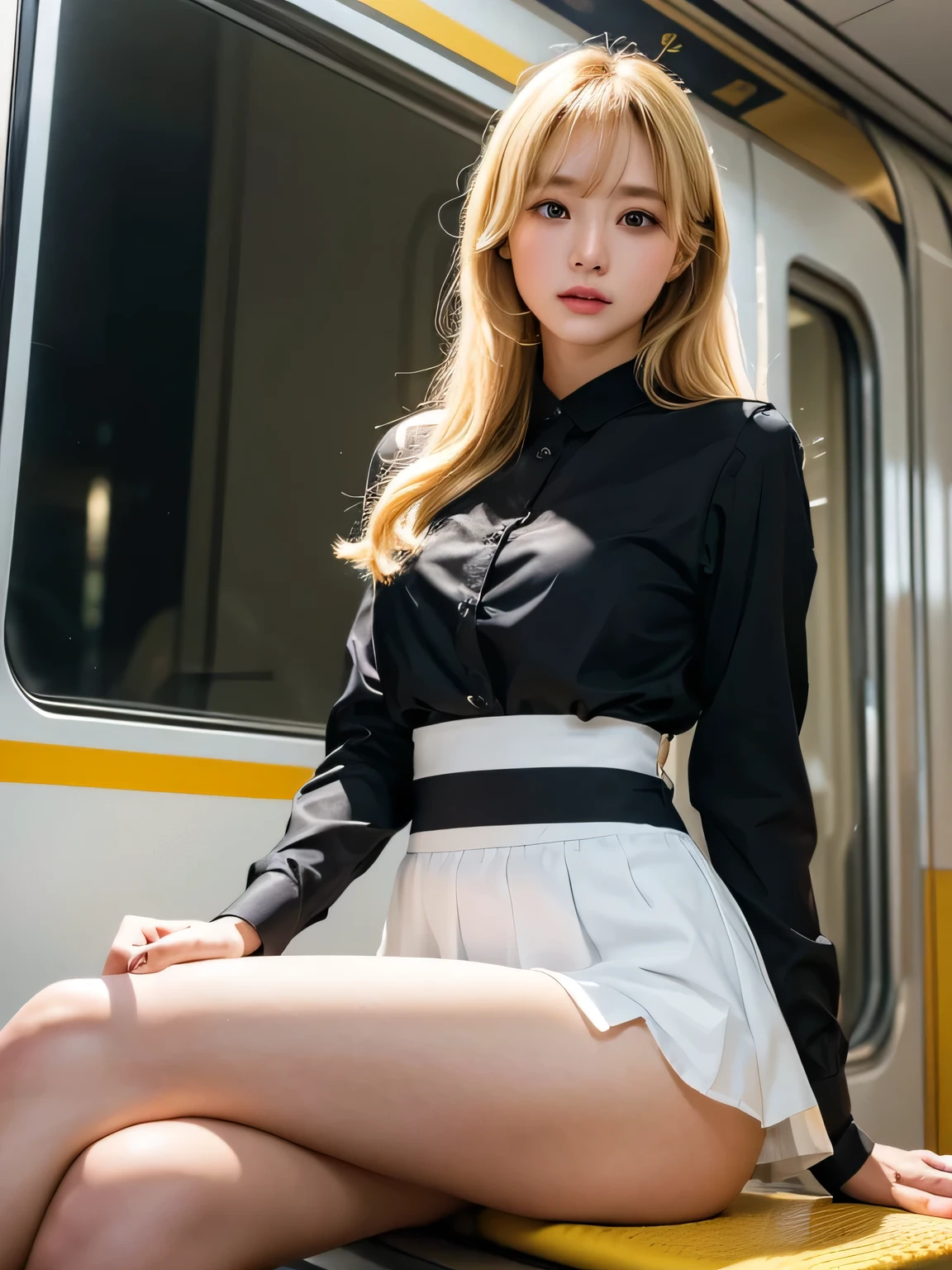 8K、Photo image masterpiece、highest quality、Super-resolution、Low angle image、Beautiful woman with golden curly hair、((Blonde beauty))、With bangs、Unbelievably cute face、And slim、Small breasts、High resolution、masterpiece、Exquisite Function 、Delicate eyes、Delicate blonde hair、8K quality、Pale light and shadow、Dindal effect、Disturbance blonde、With bangs、((A photo from the delicate feet)、(Detailed RAW photos of girls)、(Tabletop:1.25)、 (Highest quality:1.6)、(超High resolution:1.5)、(Real:1.75)、8k resolution、Canon EOS R5、50mm、Image from the foot、((Woman sitting in front of a train、Thigh Gap 、Direct light from below、Illuminate the inside of the skirt、Voyeur in skirt、Panty voyeur))、Japanese women、(Sheer black skirt、I can see your underwear、Thin fabric shirt)、One beautiful girl、((( White string panty shot)))、Fair skin、cute、Embarrassing、Super Beauty、Disturbance、Ultra-fine、Cinema Lighting、Skirt peeking、String panty voyeur、