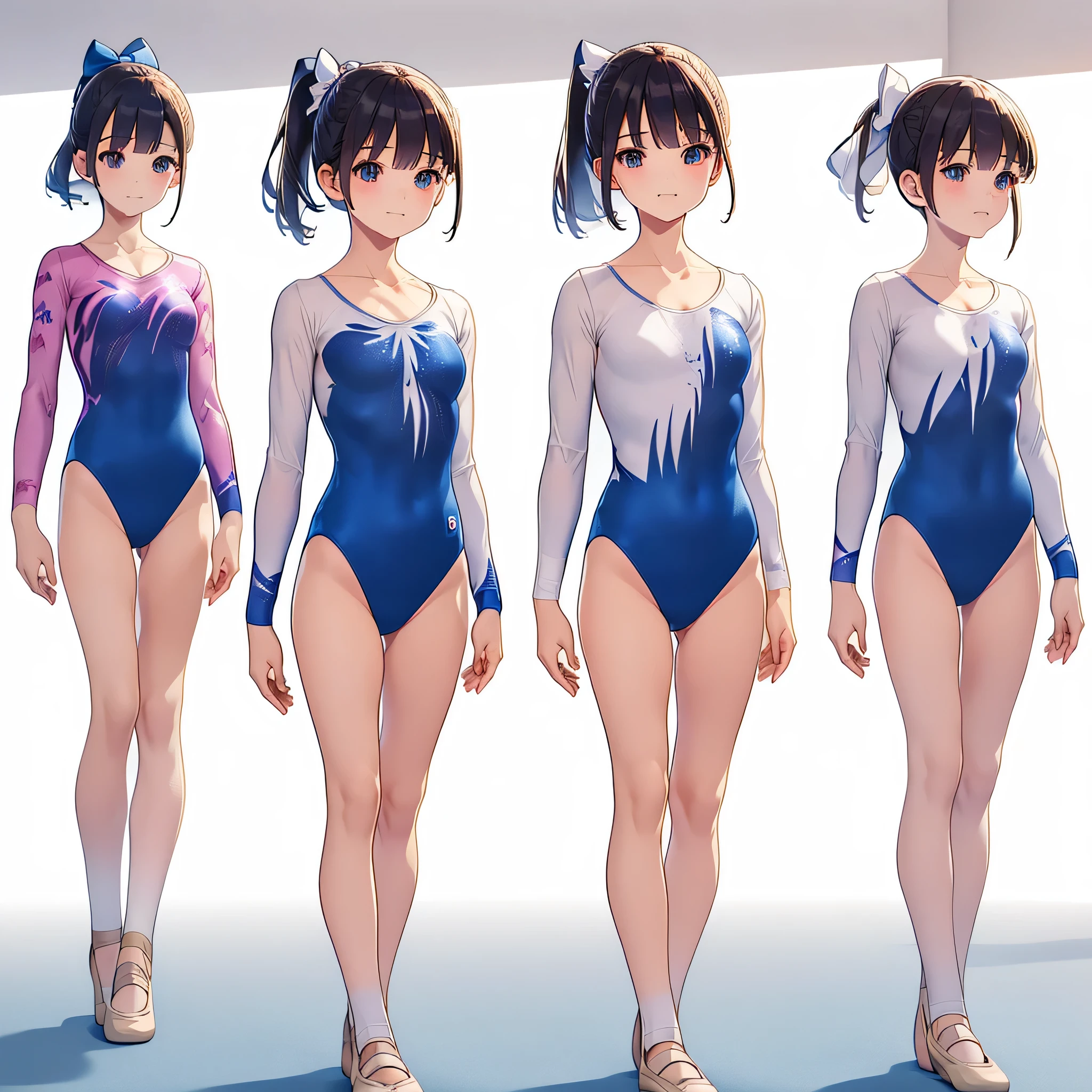 Gymnastics club,(4 girls:1.3),(long sleeves leotard:1.3),(plaid print leotard:1.3),(white leotard),full body, pony tail, blue ribbon, long hair,(body suit:1.2),(over ************, under 19 years old:1.2), ballet shoes, white background