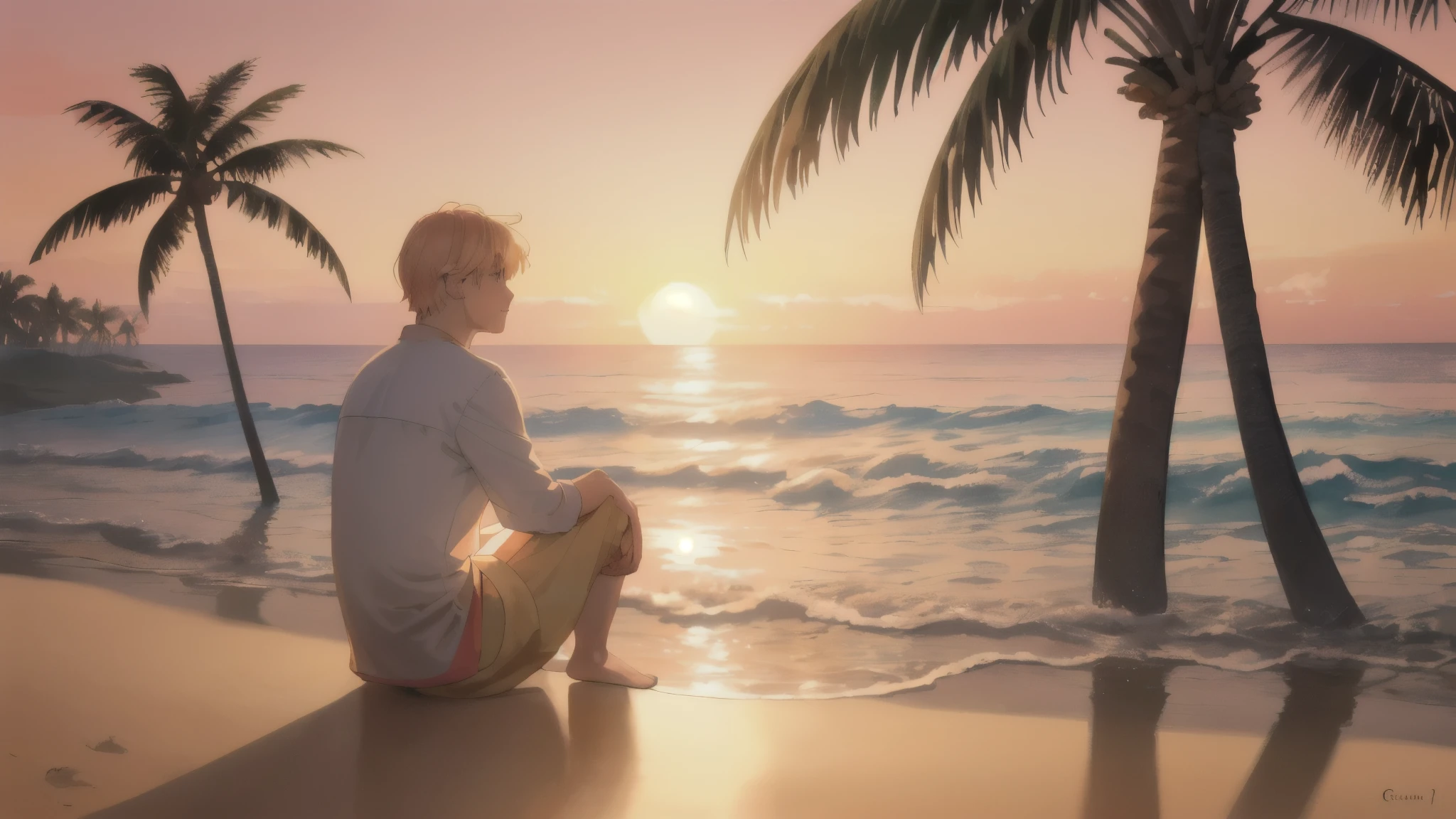 A guy sitting on the beach,watching the sunrise,soft pastel colors,stunning golden horizon,gentle waves,lush palm trees,crimson sky reflecting on the water,serene atmosphere,sand between his toes,tranquil morning,highly detailed man,enjoying the peaceful view,realistic textures,subtle shadows,faint sea breeze,quiet contemplation