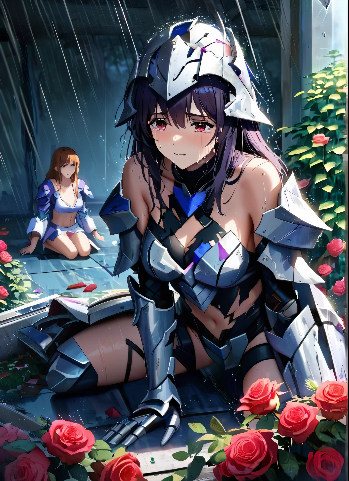 three girls, kneeling in the floor, wearing a ultra shattered and ultra broken cute skimpy bright armor, lot of missing pieces, very damaged armor ,ripped clothes, broken helmet ,broken shield and broken sword, in tears, sad, dramatic scene, tears flowing in the face, garden, roses, rain, ultra detailed face