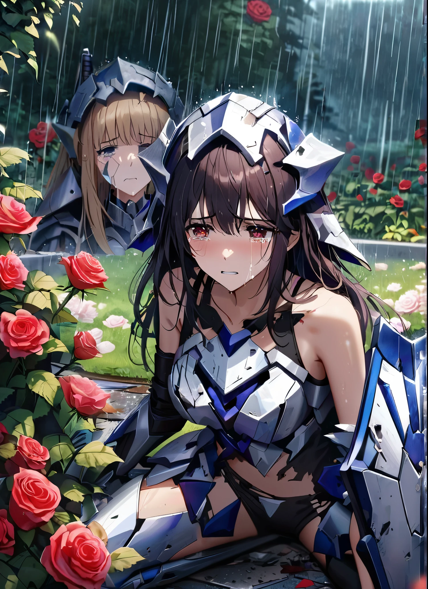 three girls, kneeling in the floor, wearing a ultra shattered and ultra broken cute skimpy bright armor,  lot of missing pieces, very damaged armor ,ripped clothes, broken helmet ,broken shield  and broken sword, in tears, sad, dramatic scene, tears flowing in the face, garden, roses, rain, ultra detailed face 