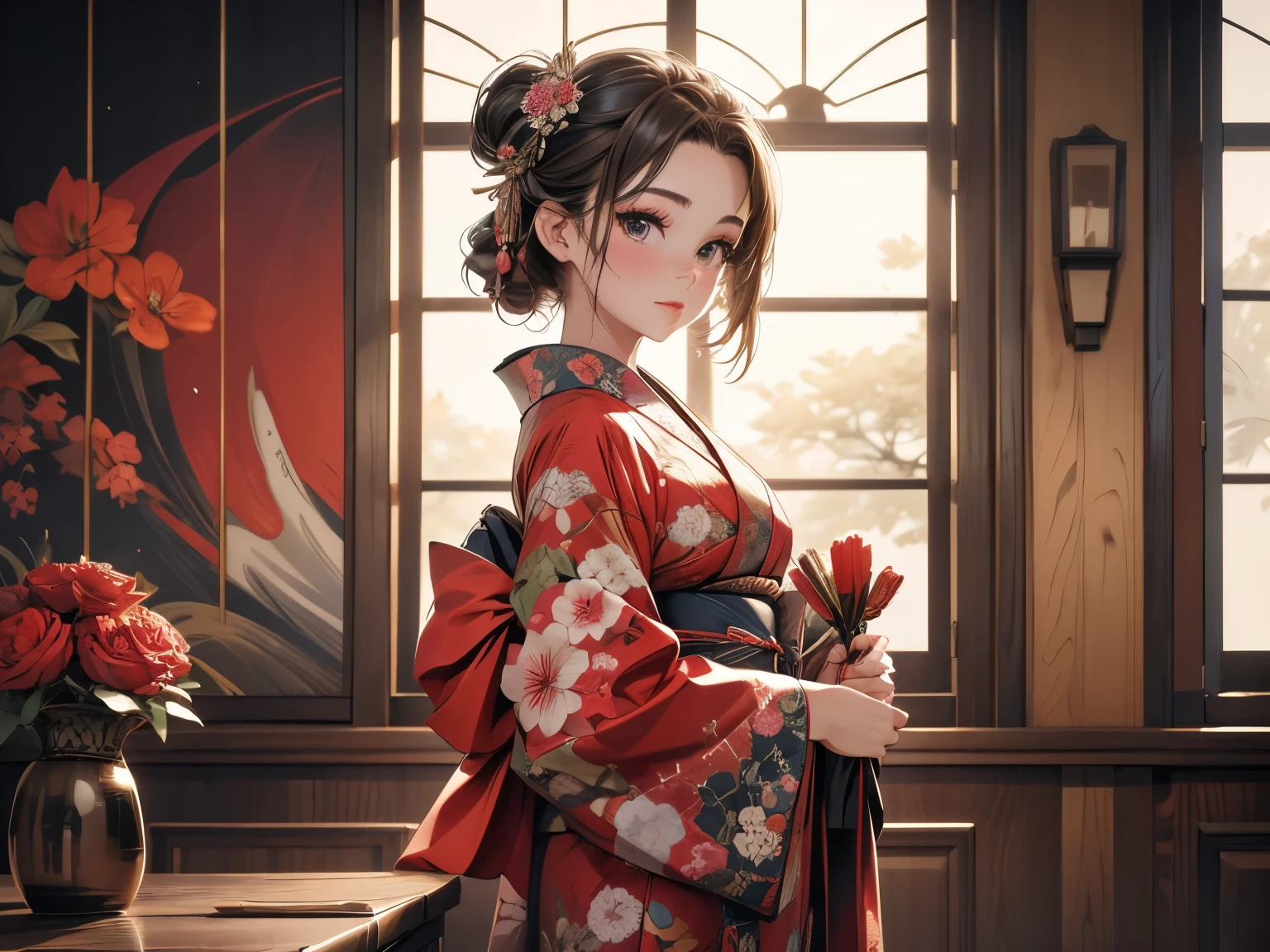 kimono, Heart, (8k, original photo, best quality, masterpiece: 1.2), (Practical: 1.6), (masterpiece), (best quality: 1.0), (Ultra-high resolution: 1.0), detail, 1940s, one, detail beautiful skin, detail room, ,Practical skin