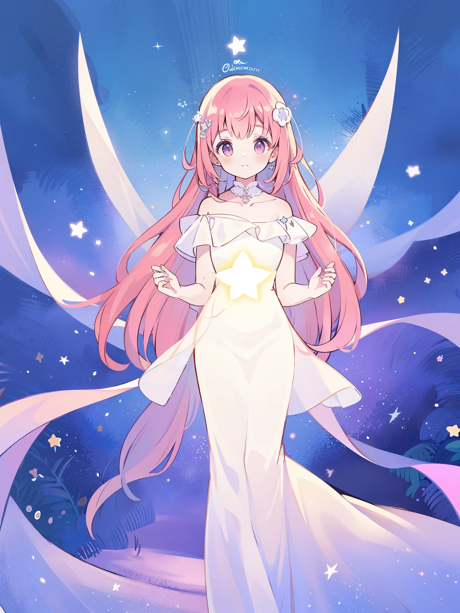 complex background, wishing star background, a woman wearing an ethereal mystical pink translucent dress that reflects the stars, perfume promo art, mystic, complex drawing, highly detailed, Covergirl brand, promo art, artistic rendition, ethereal, starry night, midjourney style