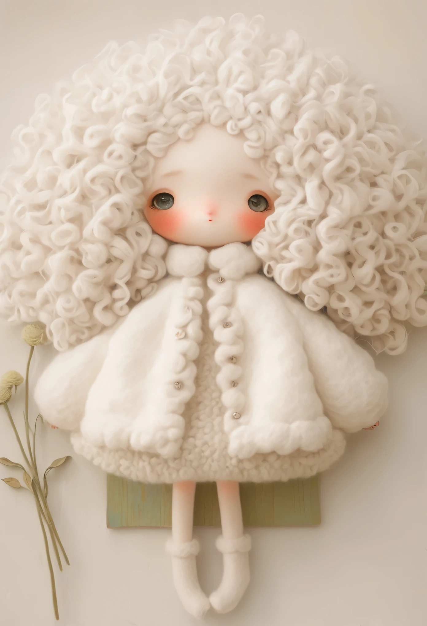 (masterpiece, best quality:1.2), 1 girl, solitary, big eyes，White curly hair，Felt Clothing